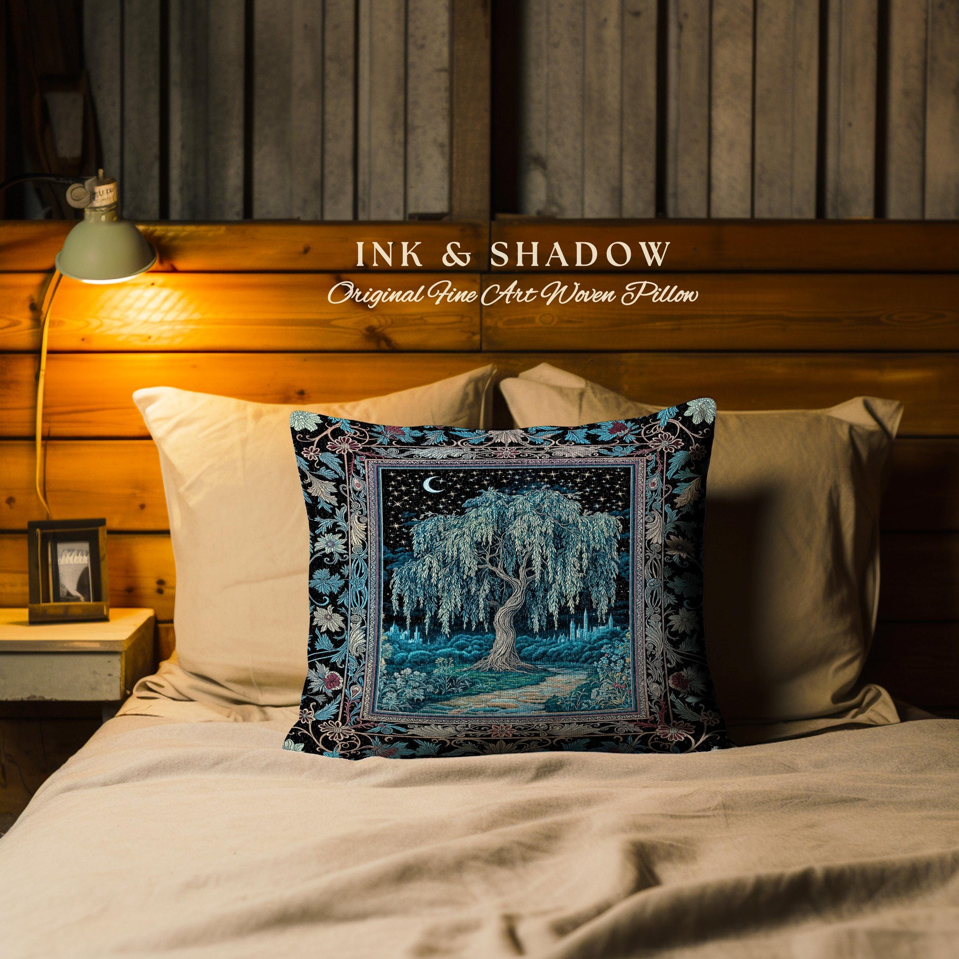 Starry Night Weeping Willow Tree Tapestry Pillow Decorative Throw Cushion