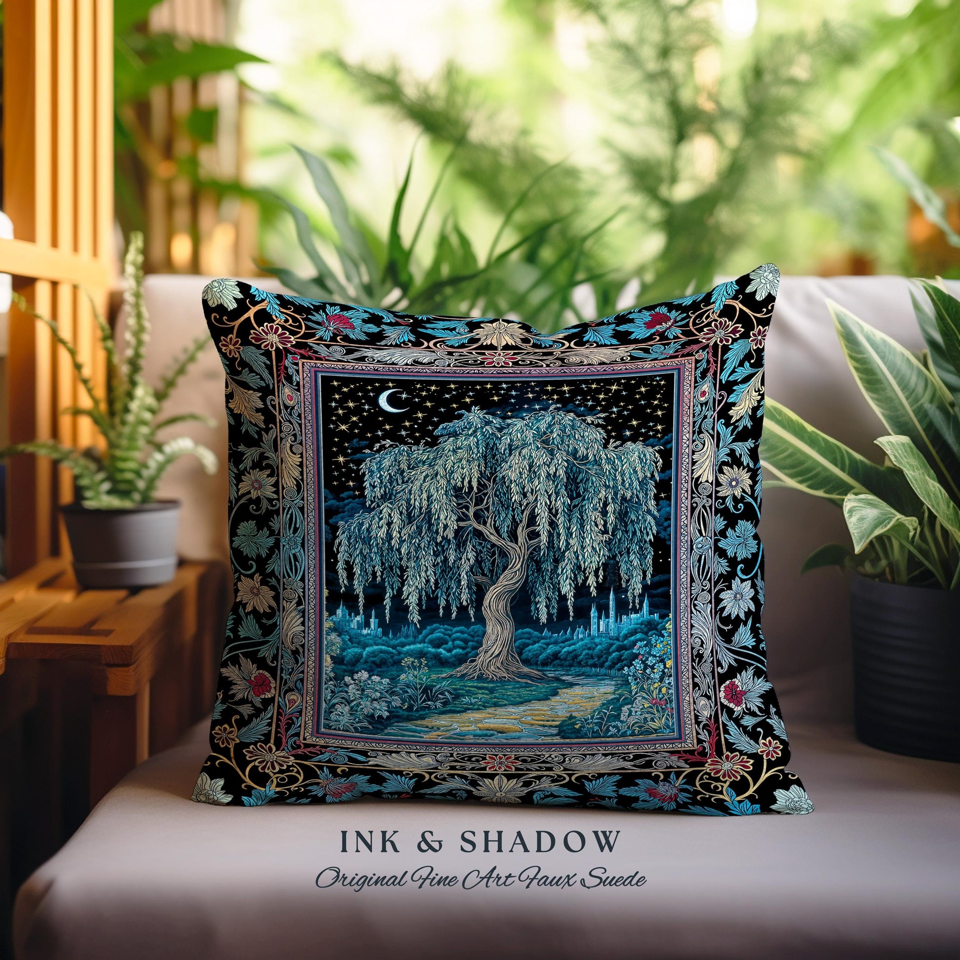Starry Night Weeping Willow Tree Tapestry Pillow Decorative Throw Cushion
