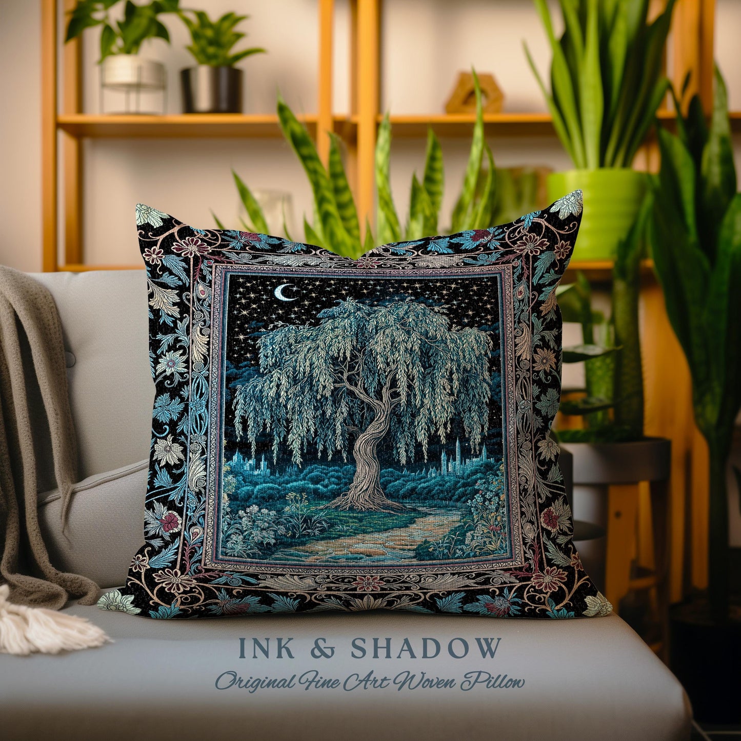 Starry Night Weeping Willow Tree Tapestry Pillow Decorative Throw Cushion