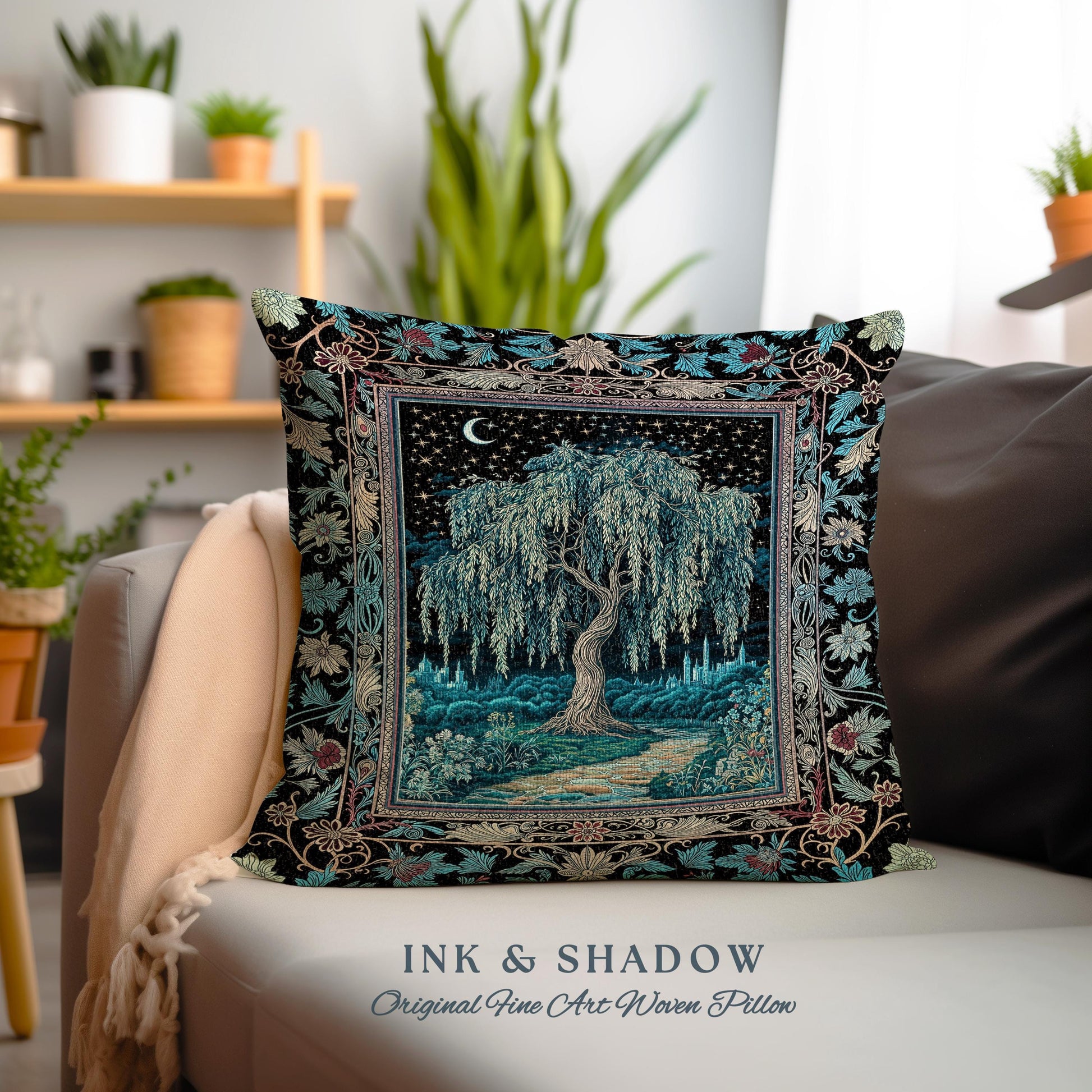 Starry Night Weeping Willow Tree Tapestry Pillow Decorative Throw Cushion