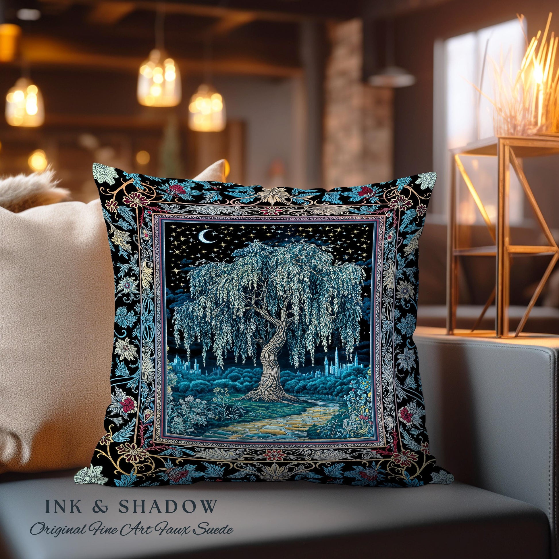 Starry Night Weeping Willow Tree Tapestry Pillow Decorative Throw Cushion