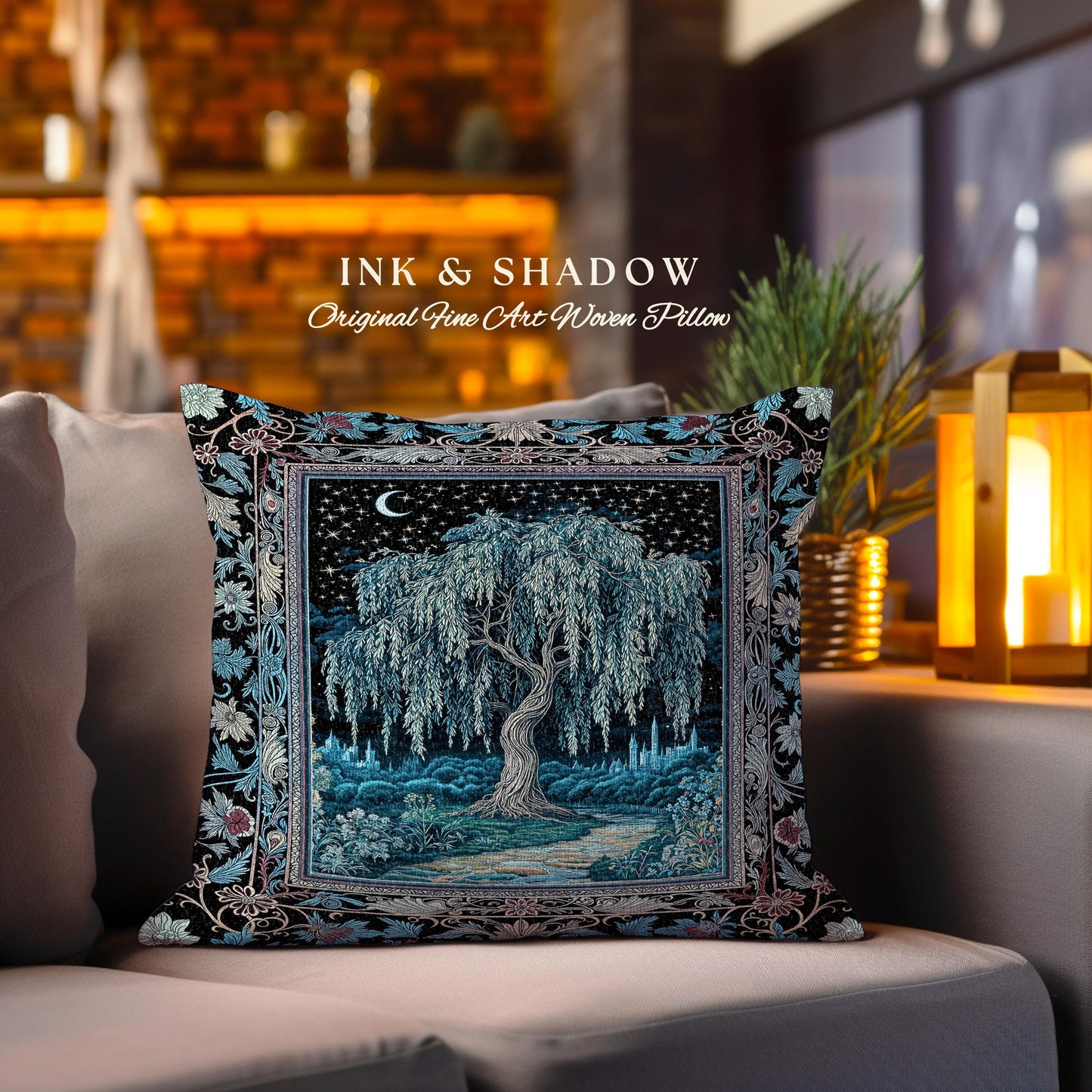Starry Night Weeping Willow Tree Tapestry Pillow Decorative Throw Cushion