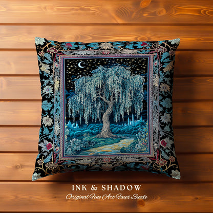 Starry Night Weeping Willow Tree Tapestry Pillow Decorative Throw Cushion