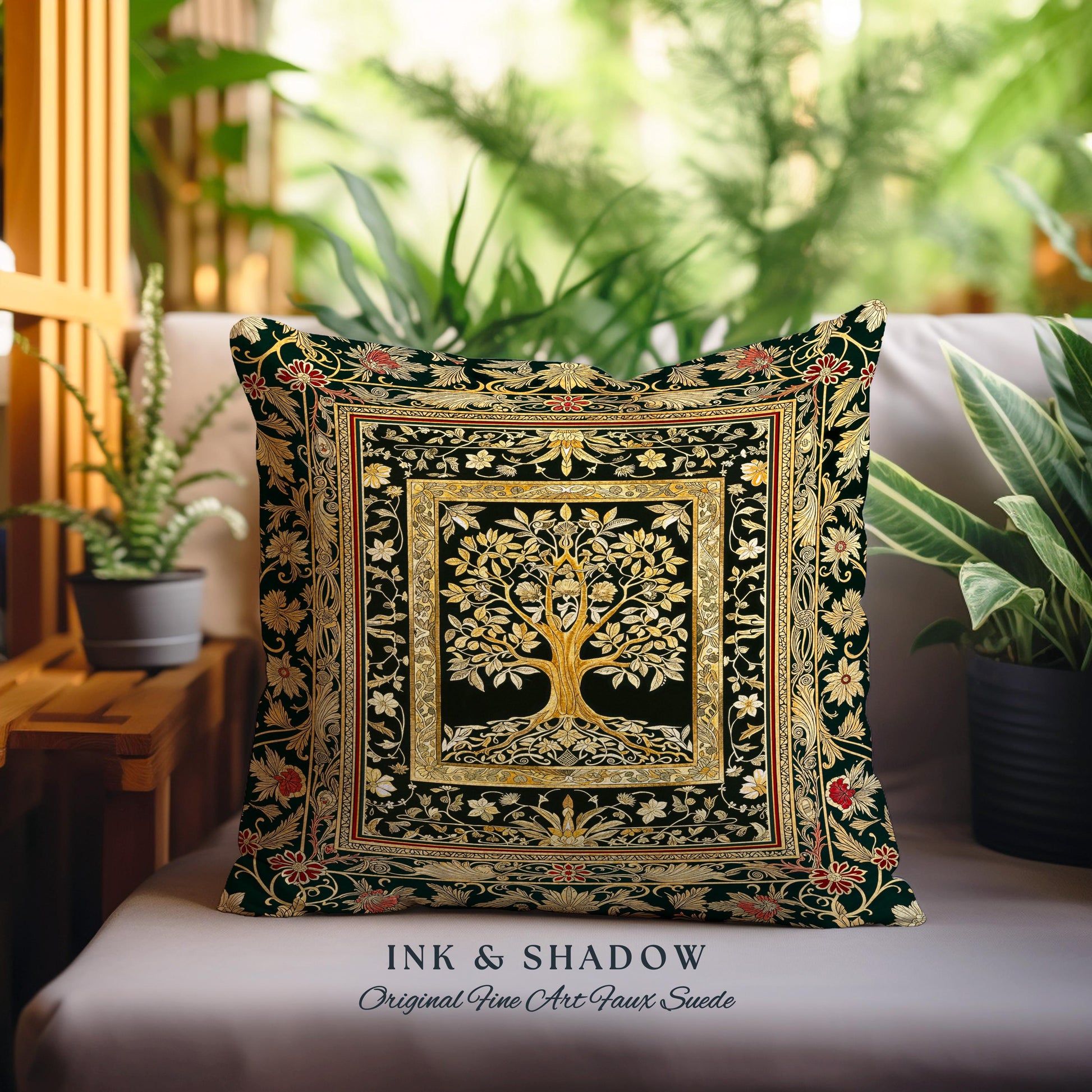 Regal Golden Tree of Life Tapestry Pillow Decorative Throw Cushion