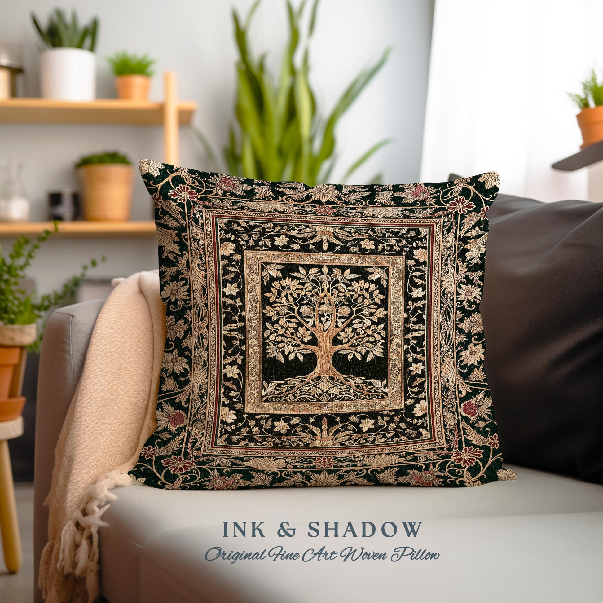Regal Golden Tree of Life Tapestry Pillow Decorative Throw Cushion