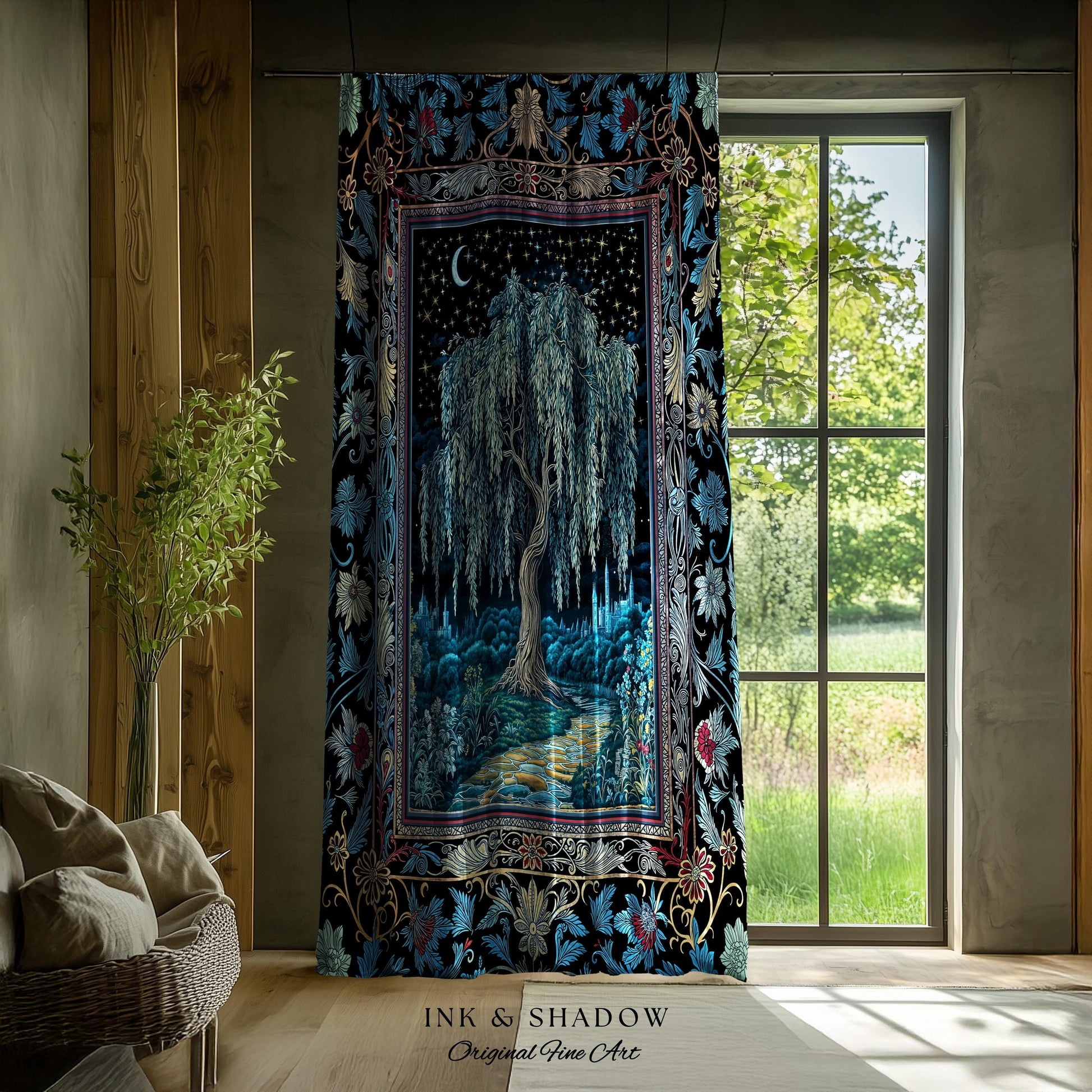 Starry Night Weeping Willow Tree Curtain | Woodland Folklore Aesthetic Moonlit Castle Fairytale Decor Ethereal Witchy Home Interior Accent