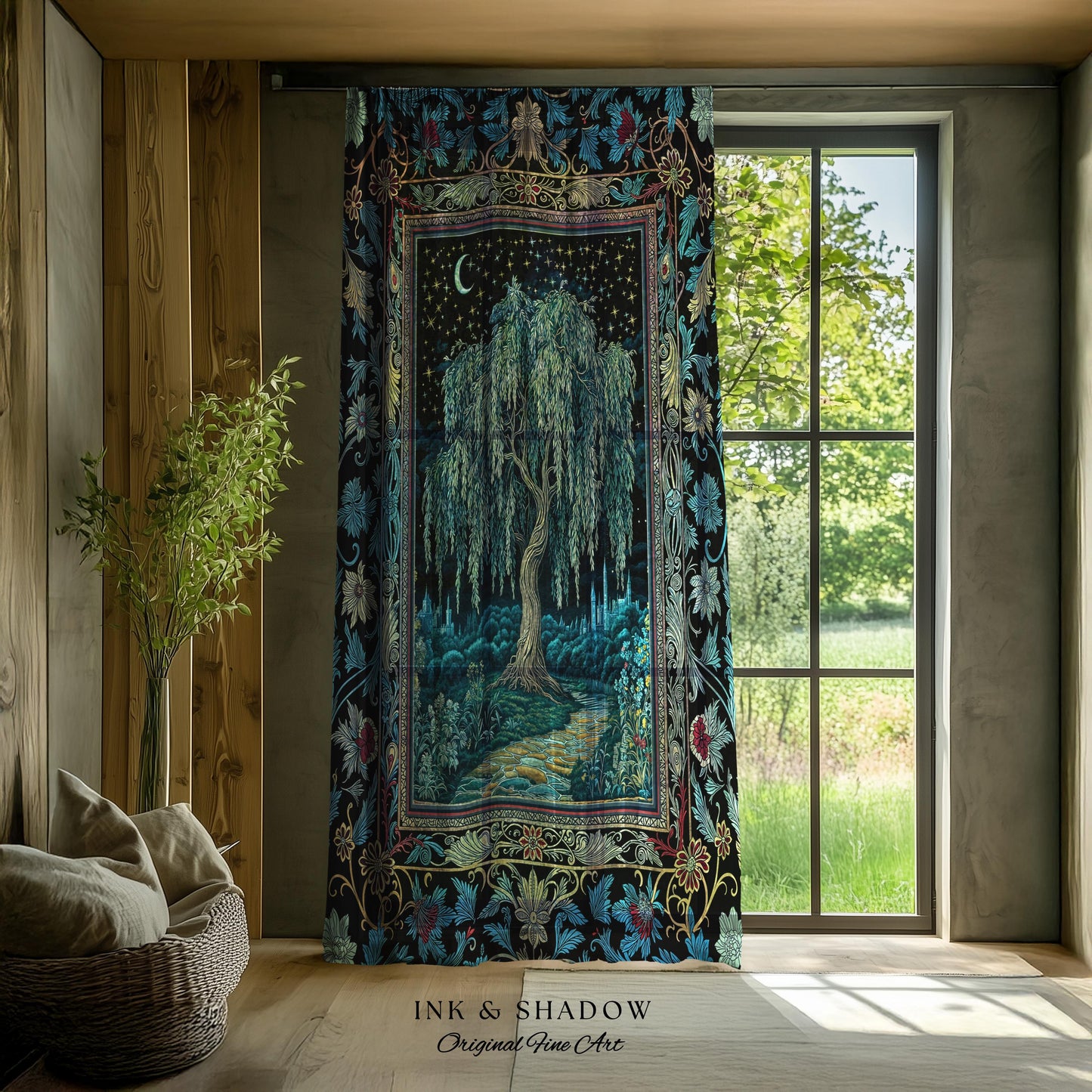 Starry Night Weeping Willow Tree Curtain | Woodland Folklore Aesthetic Moonlit Castle Fairytale Decor Ethereal Witchy Home Interior Accent
