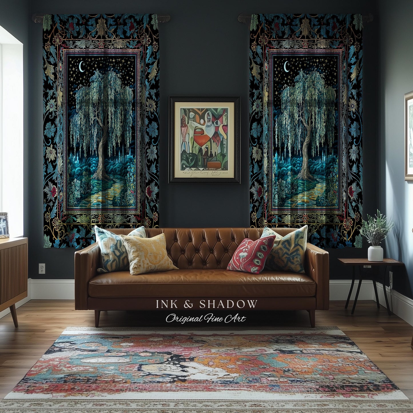 Starry Night Weeping Willow Tree Curtain | Woodland Folklore Aesthetic Moonlit Castle Fairytale Decor Ethereal Witchy Home Interior Accent
