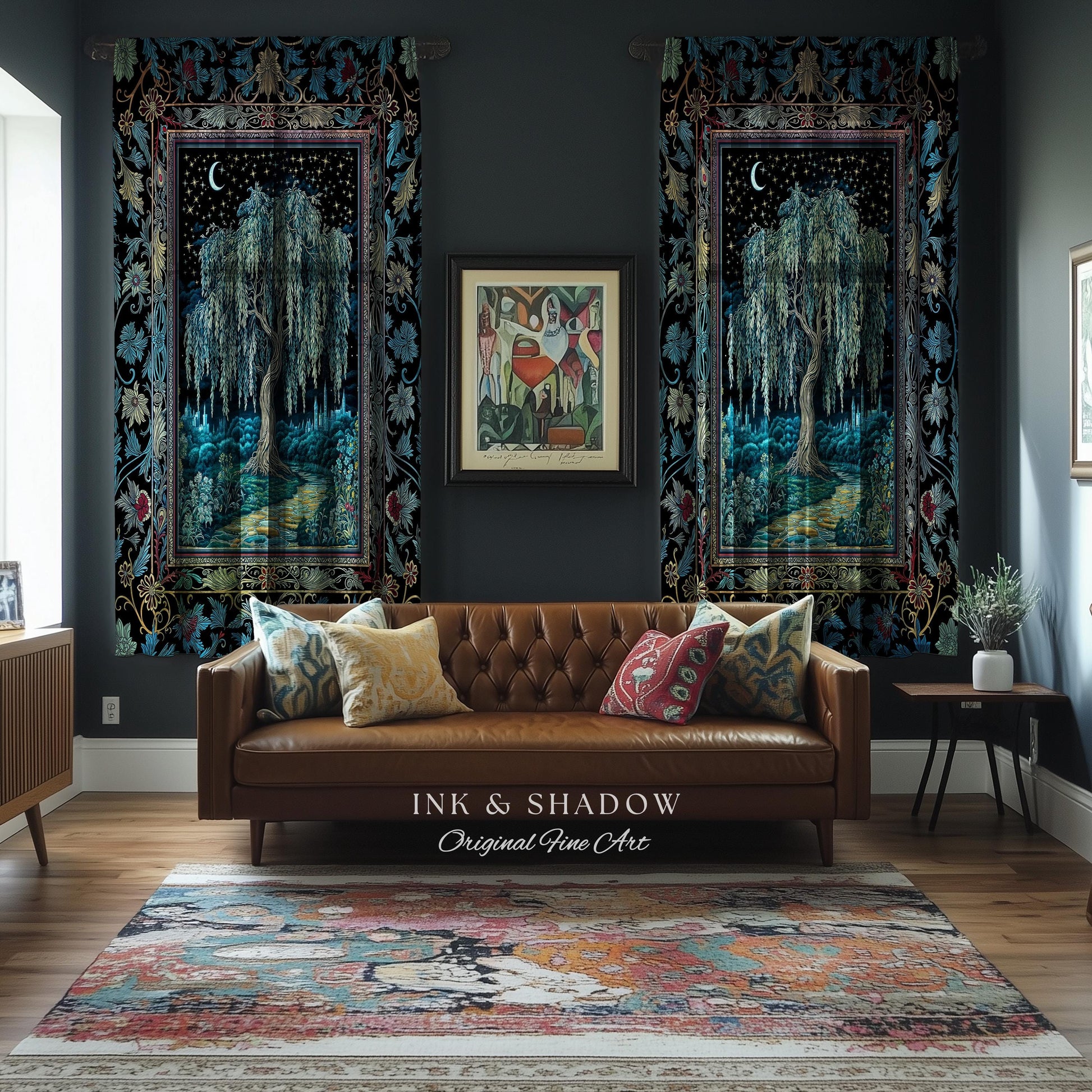 Starry Night Weeping Willow Tree Curtain | Woodland Folklore Aesthetic Moonlit Castle Fairytale Decor Ethereal Witchy Home Interior Accent