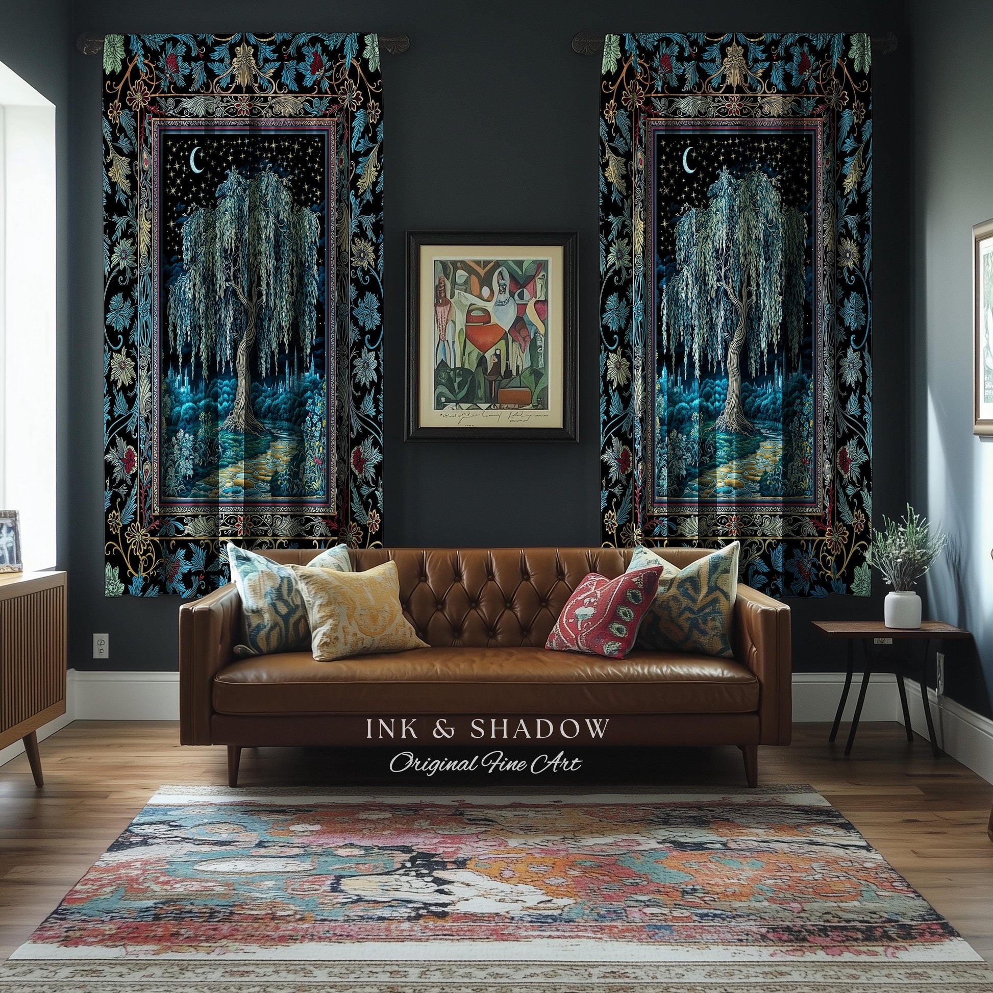 Starry Night Weeping Willow Tree Curtain | Woodland Folklore Aesthetic Moonlit Castle Fairytale Decor Ethereal Witchy Home Interior Accent