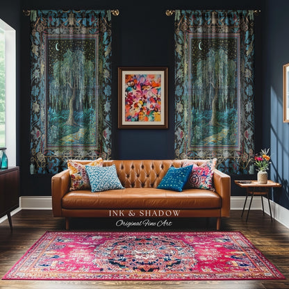 Starry Night Weeping Willow Tree Curtain | Woodland Folklore Aesthetic Moonlit Castle Fairytale Decor Ethereal Witchy Home Interior Accent