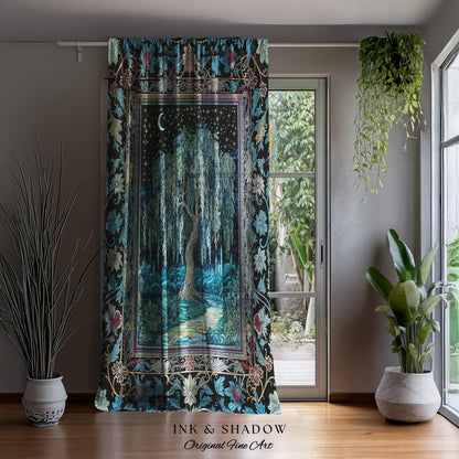 Starry Night Weeping Willow Tree Curtain | Woodland Folklore Aesthetic Moonlit Castle Fairytale Decor Ethereal Witchy Home Interior Accent