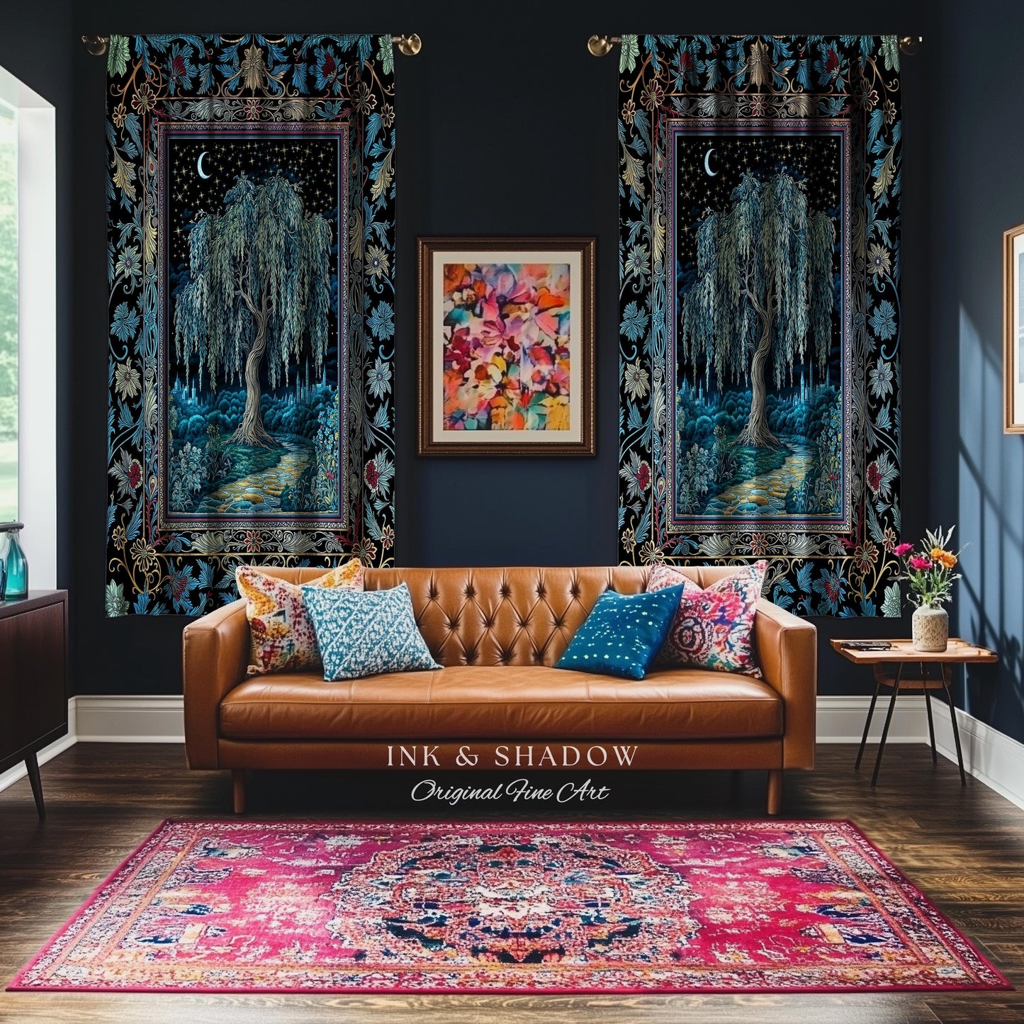 Starry Night Weeping Willow Tree Curtain | Woodland Folklore Aesthetic Moonlit Castle Fairytale Decor Ethereal Witchy Home Interior Accent