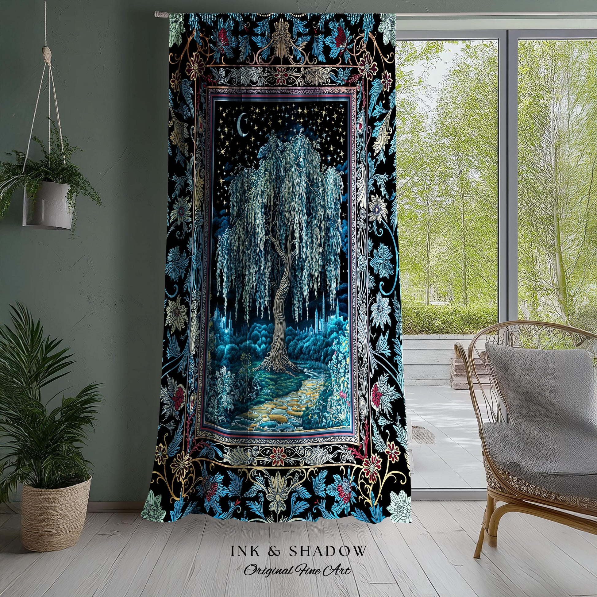 Starry Night Weeping Willow Tree Curtain | Woodland Folklore Aesthetic Moonlit Castle Fairytale Decor Ethereal Witchy Home Interior Accent