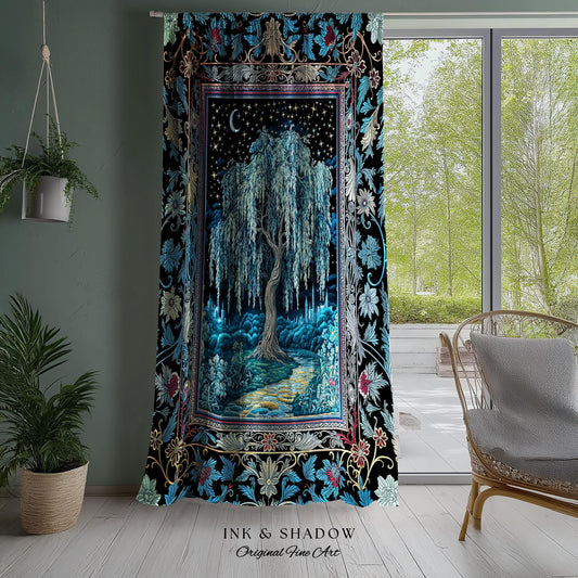 Starry Night Weeping Willow Tree Curtain | Woodland Folklore Aesthetic Moonlit Castle Fairytale Decor Ethereal Witchy Home Interior Accent
