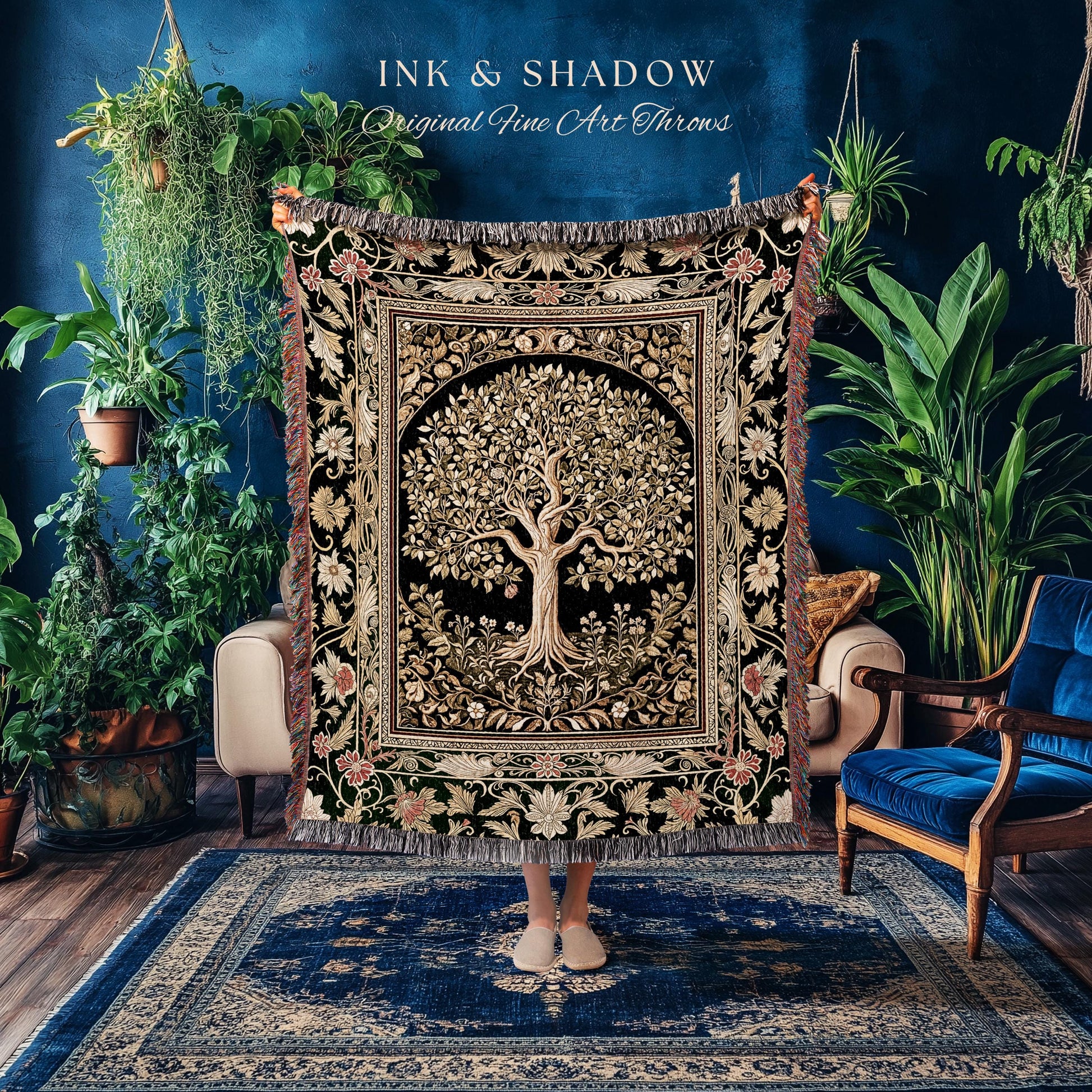 Tree of Life Fairytale Inspired Woven Throw Blanket Jacquard Tapestry