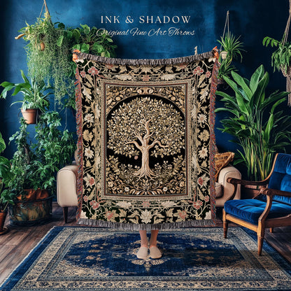 Tree of Life Fairytale Inspired Woven Throw Blanket Jacquard Tapestry