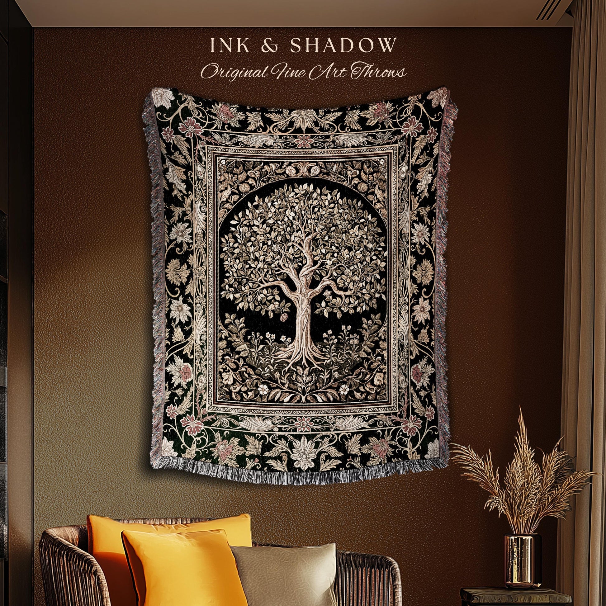 Tree of Life Fairytale Inspired Woven Throw Blanket Jacquard Tapestry