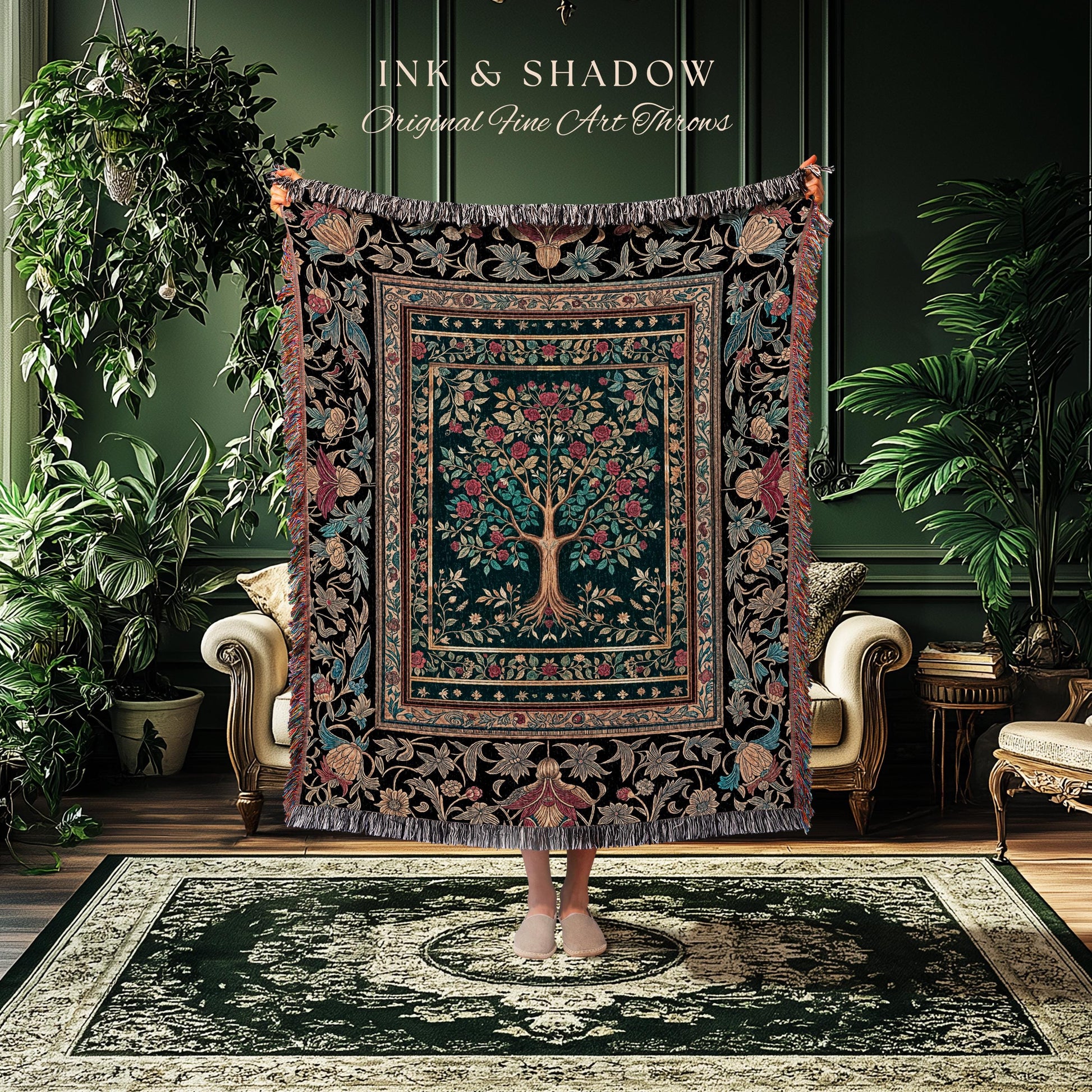 Blooming Roses Romantic Rococo Woven Throw Tree Blanket Jacquard Tapestry