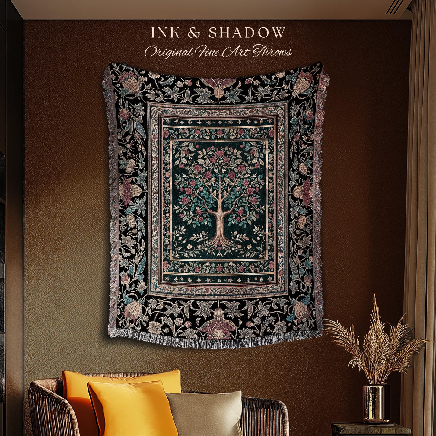 Blooming Roses Romantic Rococo Woven Throw Tree Blanket Jacquard Tapestry