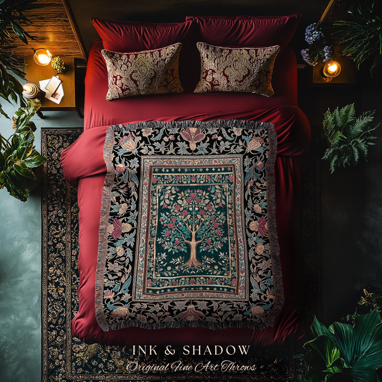 Blooming Roses Romantic Rococo Woven Throw Tree Blanket Jacquard Tapestry