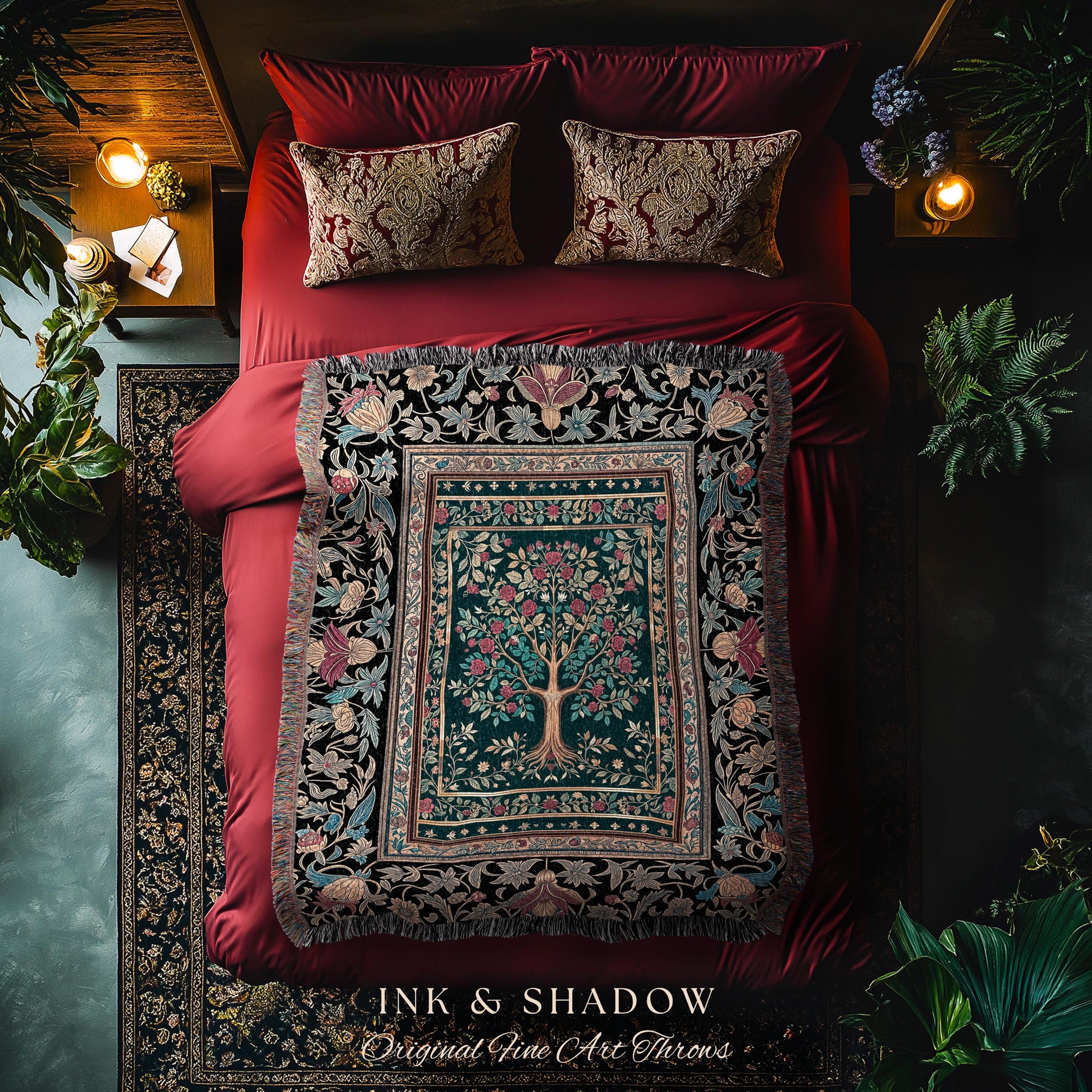 Blooming Roses Romantic Rococo Woven Throw Tree Blanket Jacquard Tapestry