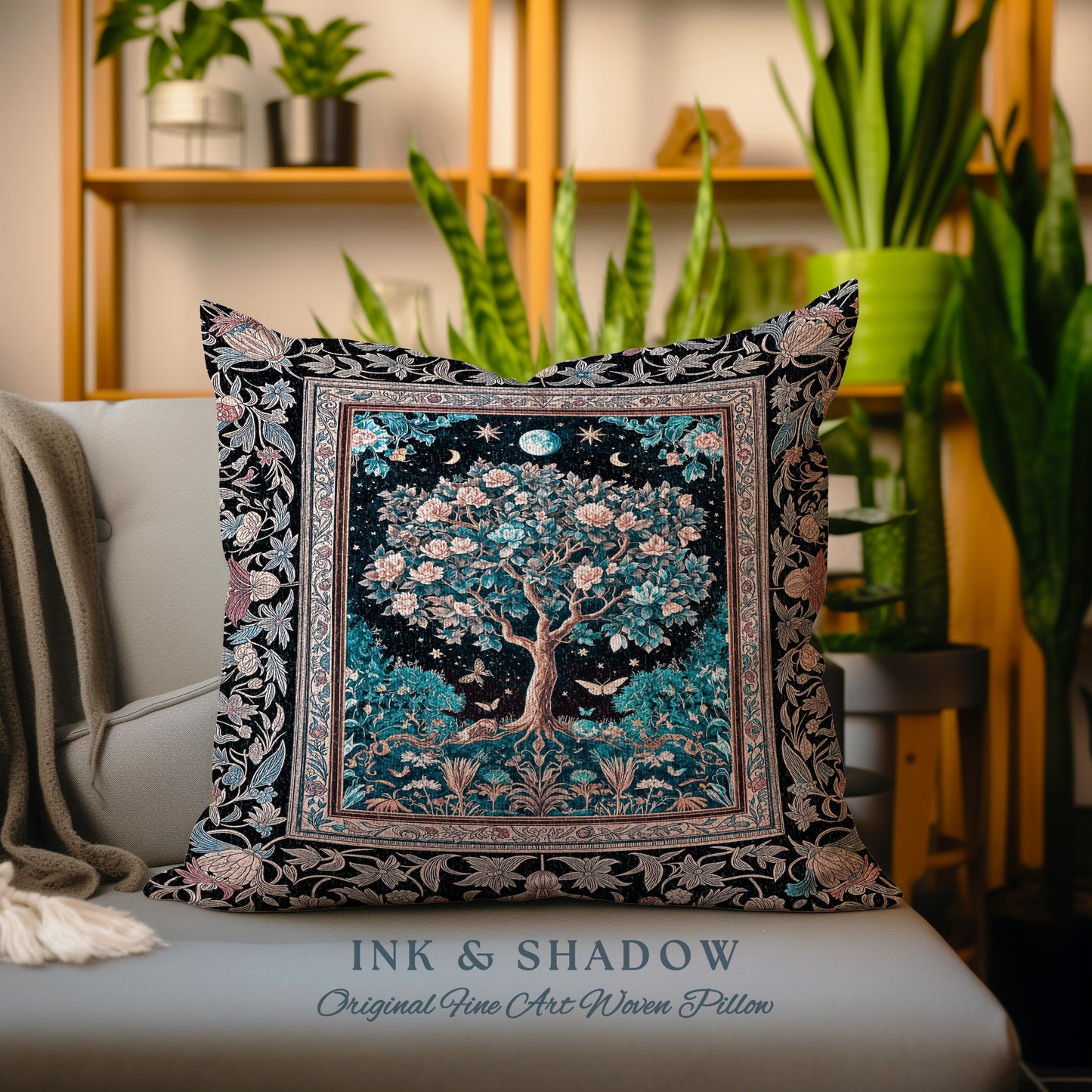 Enchanted Moonlit Tree of Life Decorative Cushion Tapestry Throw Pillow