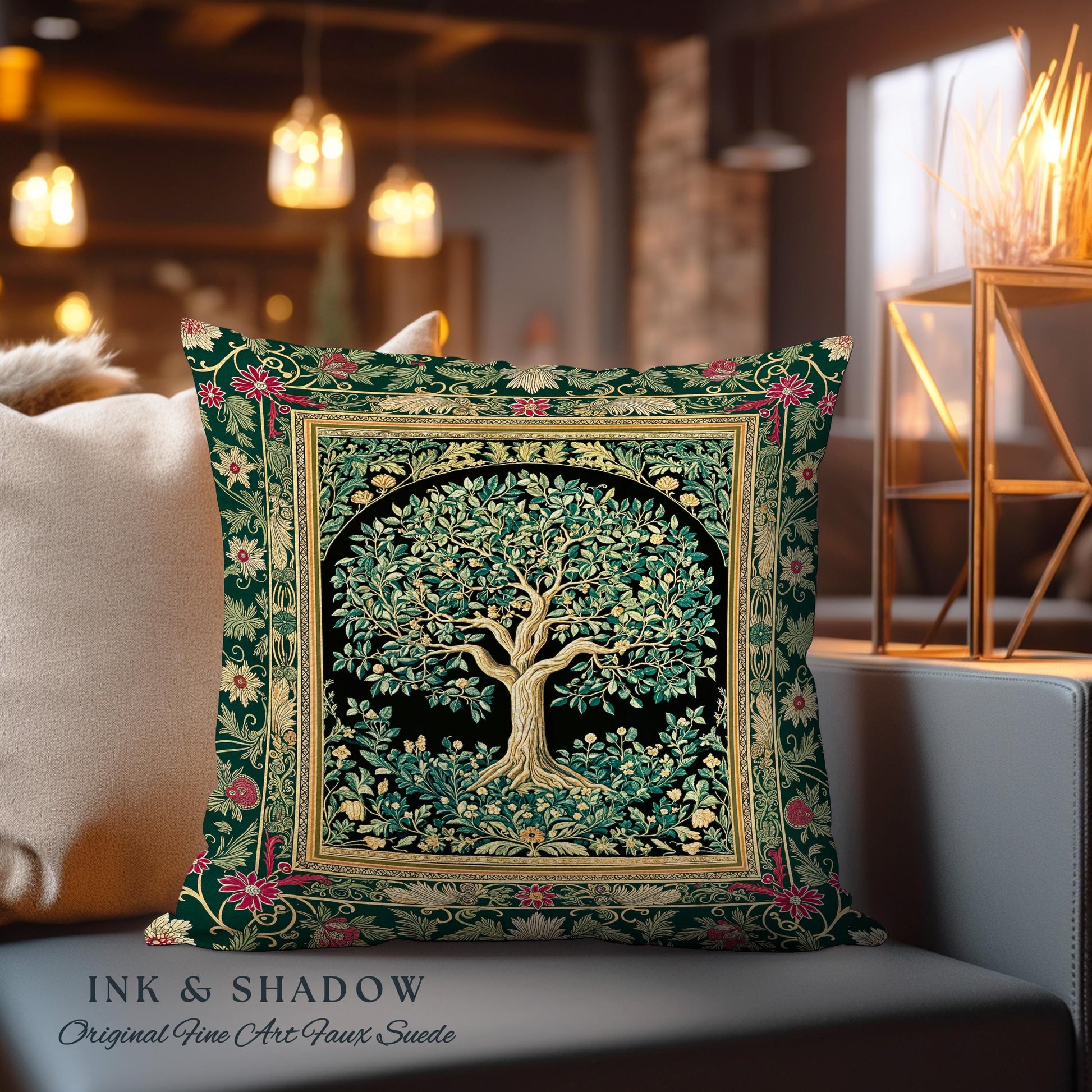 Forest Green Heritage Tree Tapestry Pillow Decorative Throw Cushion