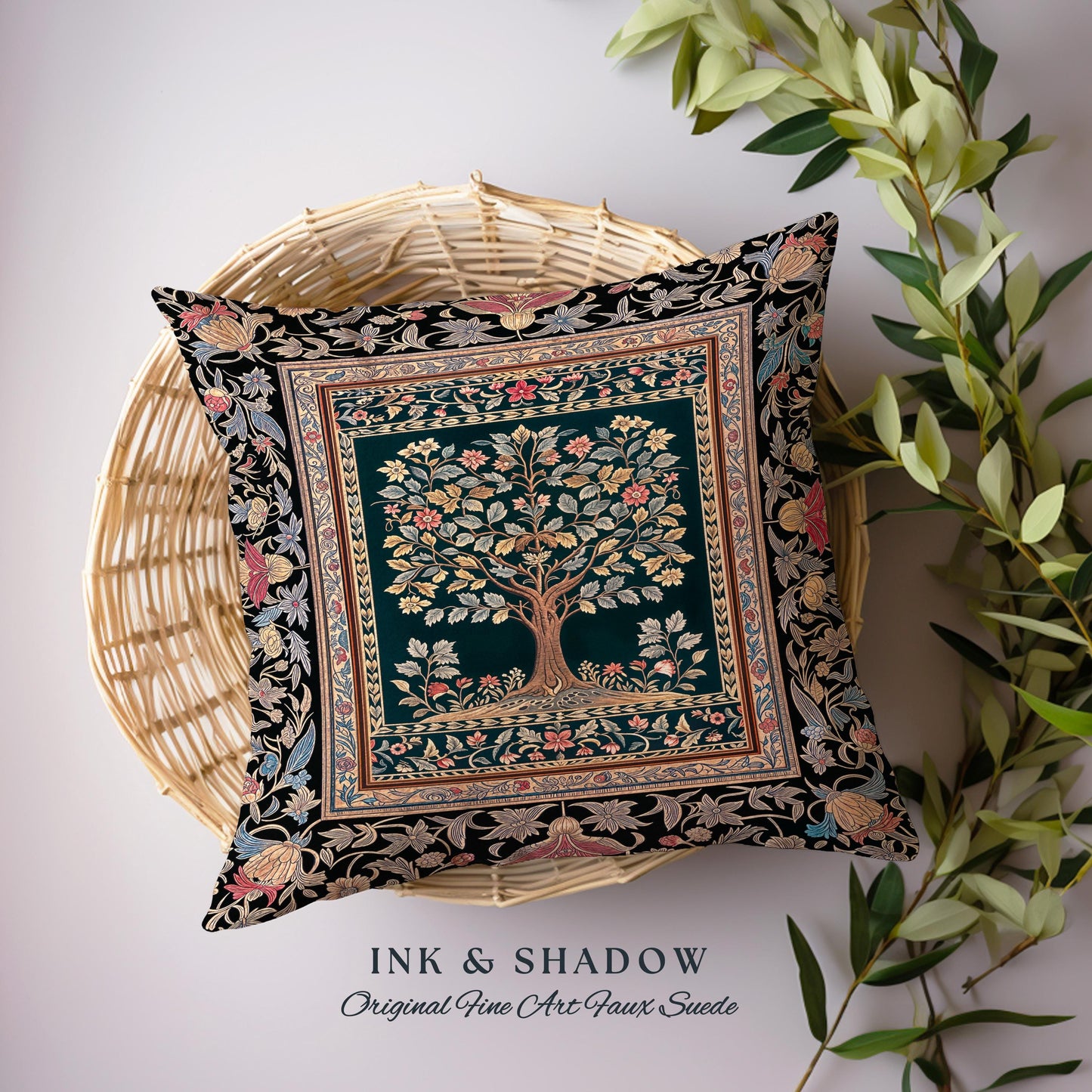 Victorian Folk Art Tree Tapestry Pillow Decorative Throw Cushion