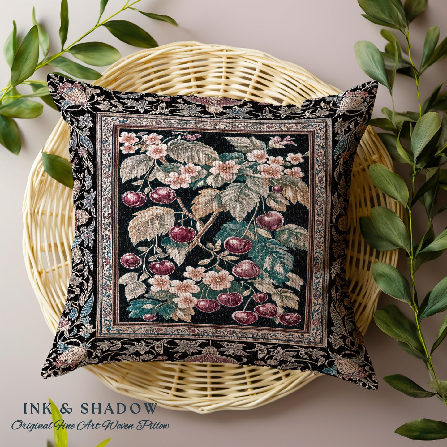 Dark Romantic Cherry Blossom Decorative Cushion Tapestry Throw Pillow