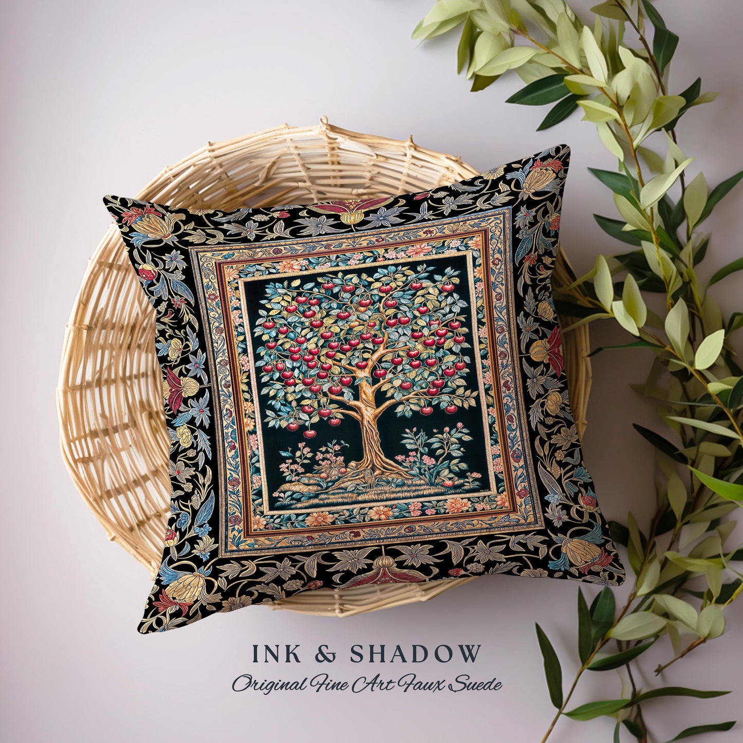Medieval Cherry Tree of Life Decorative Cushion Tapestry Throw Pillow