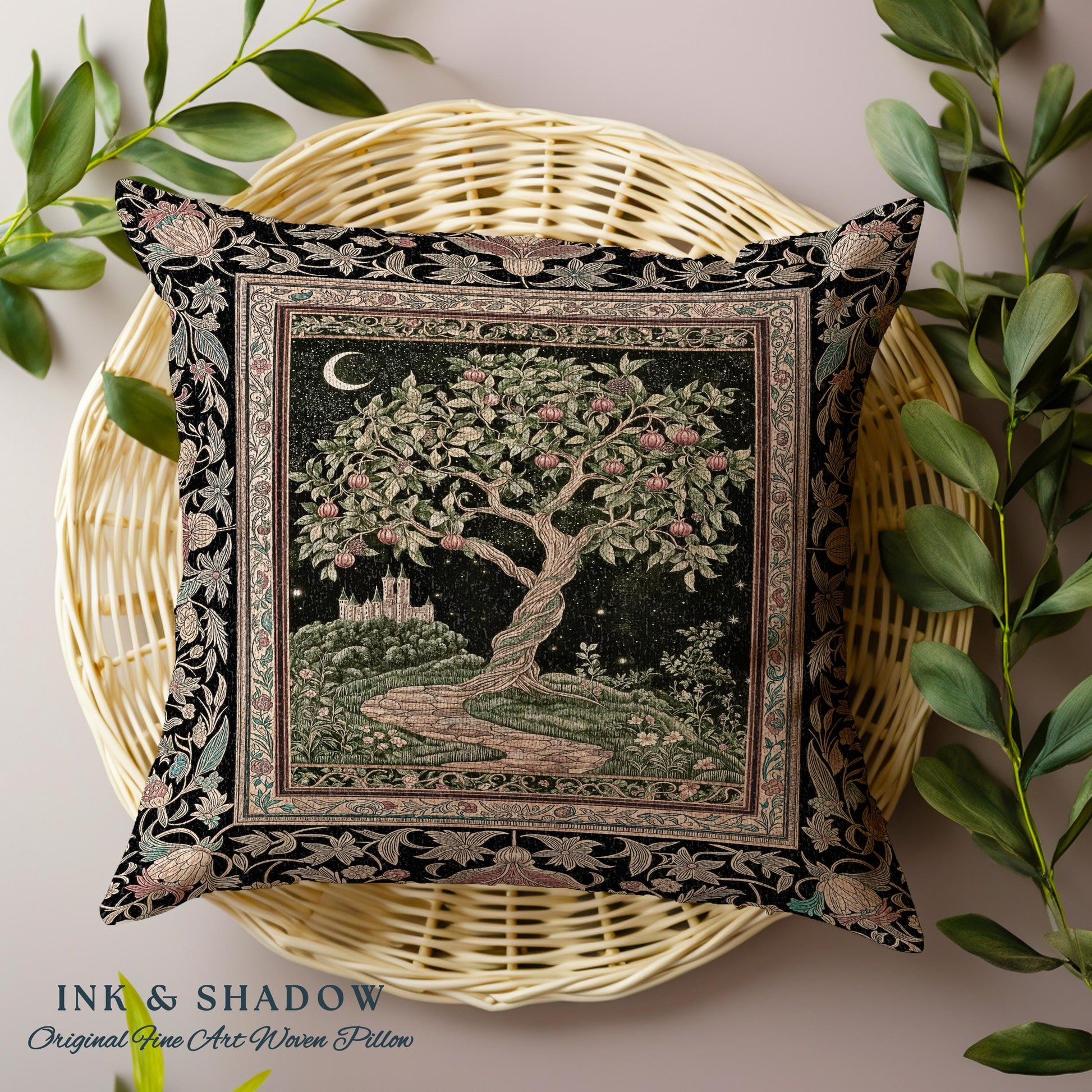 Moonlit Magic Whimsical Tree Tapestry Pillow Decorative Throw Cushion