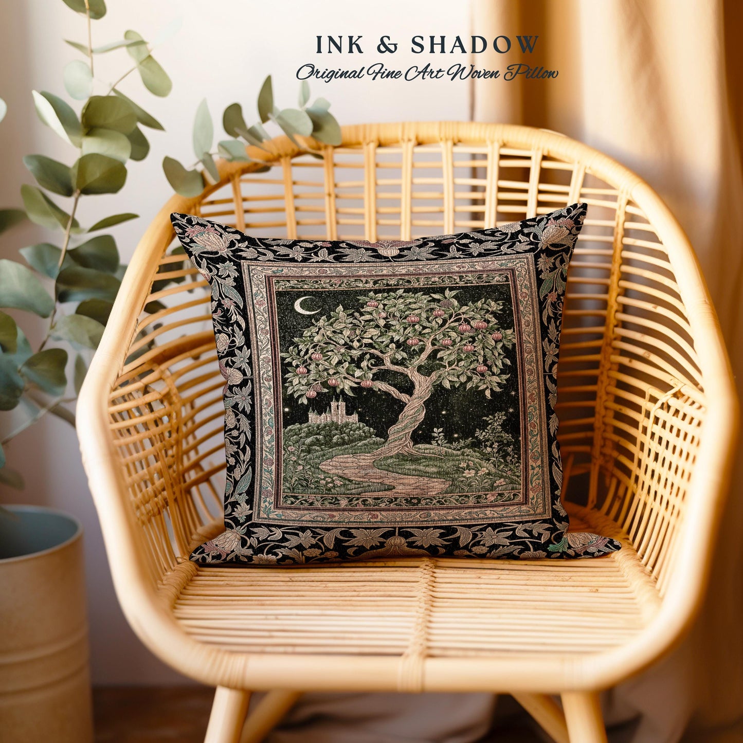 Moonlit Magic Whimsical Tree Tapestry Pillow Decorative Throw Cushion