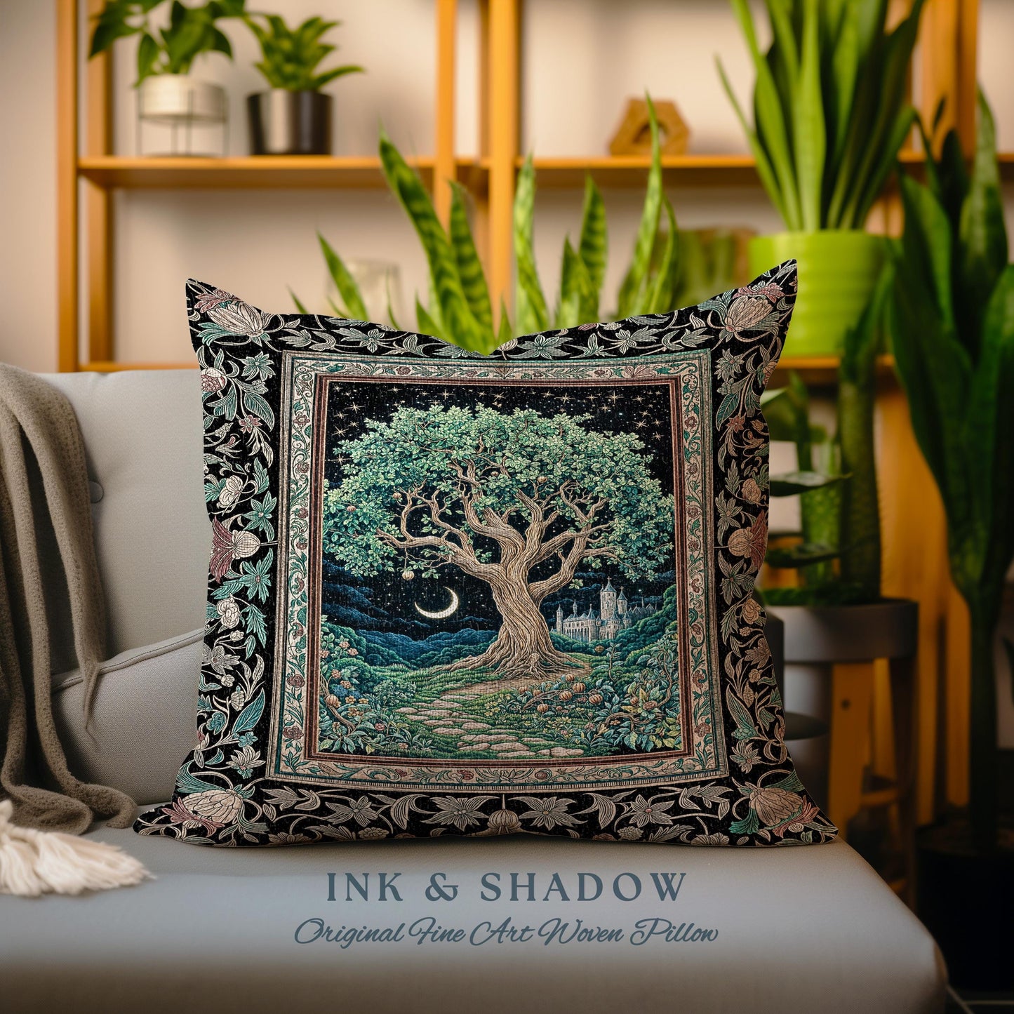 Fantasy Castle Tree of Life Tapestry Pillow Decorative Throw Cushion