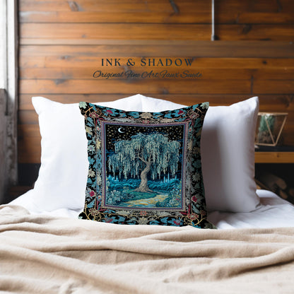 Starry Night Weeping Willow Tree Tapestry Pillow Decorative Throw Cushion