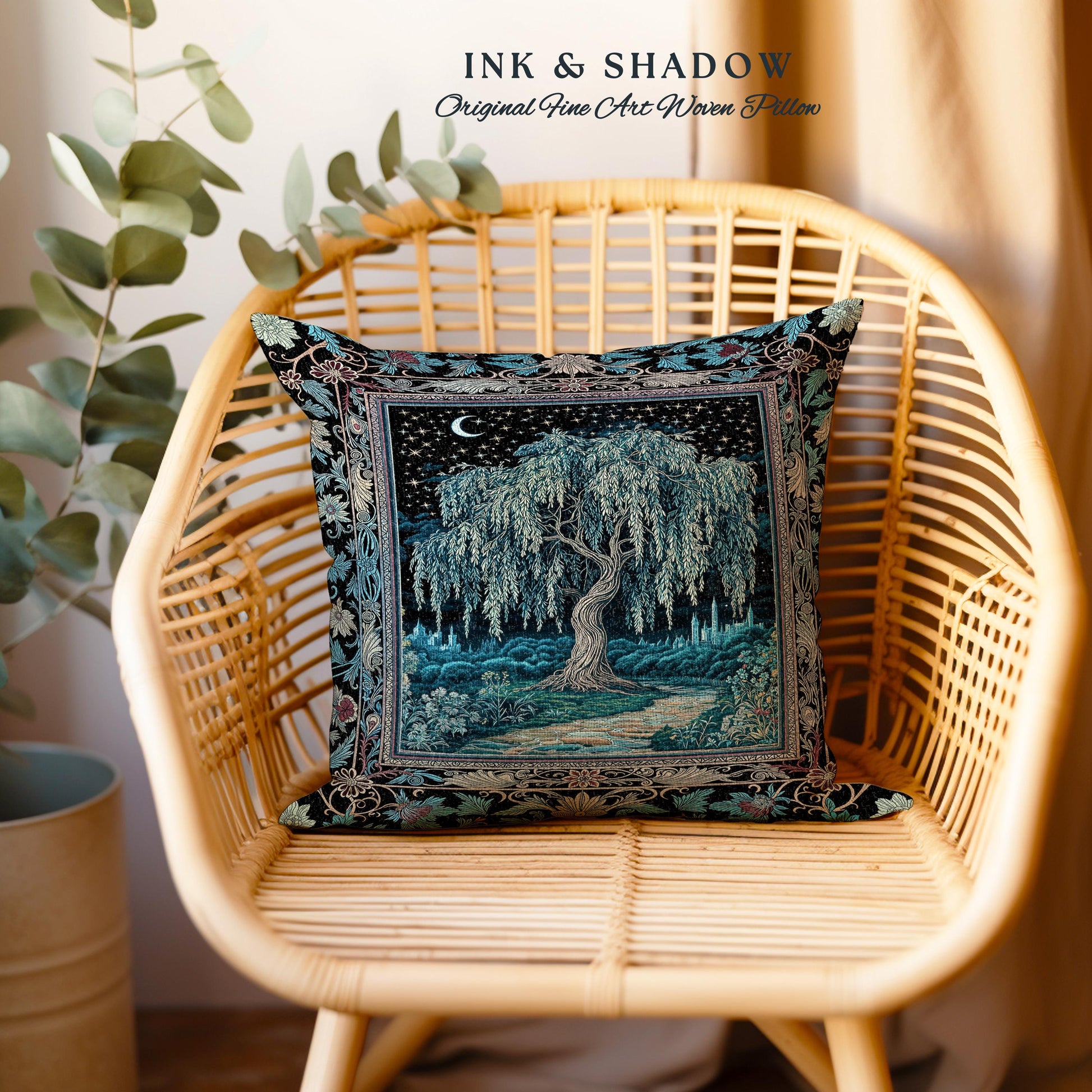 Starry Night Weeping Willow Tree Tapestry Pillow Decorative Throw Cushion
