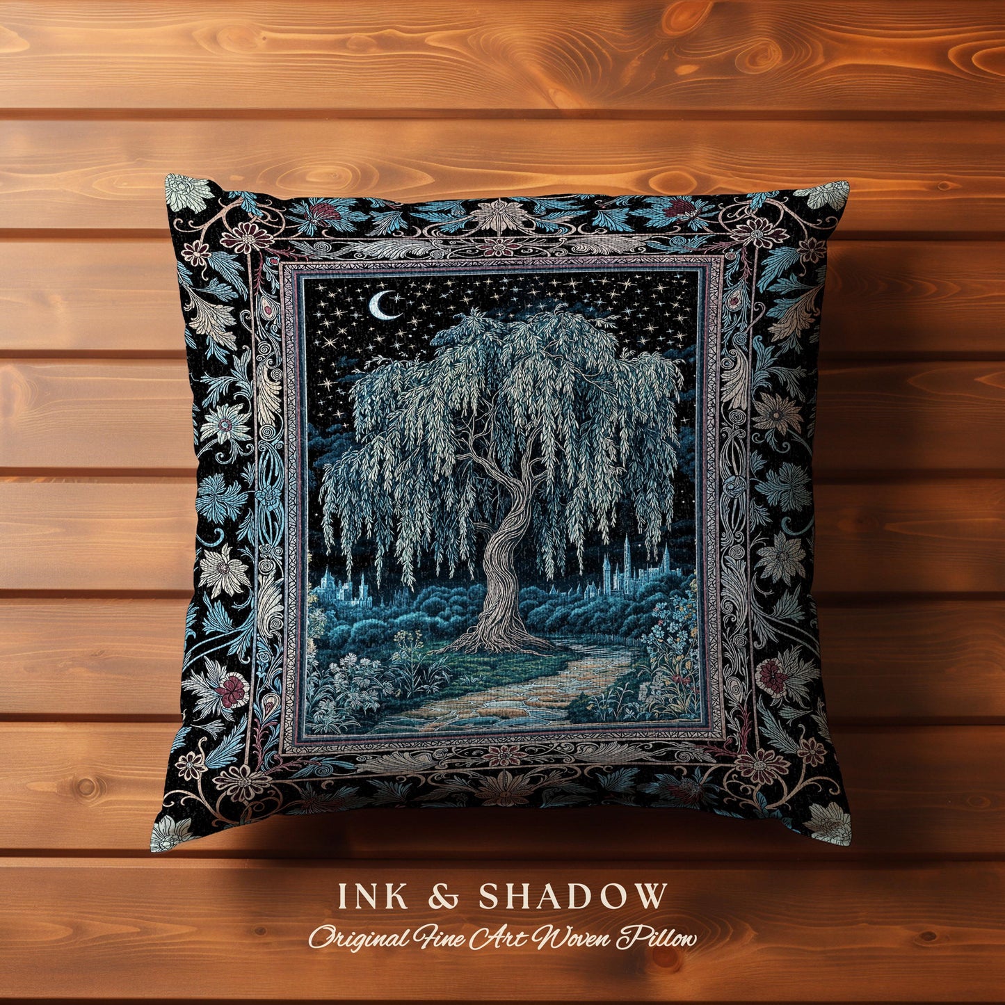 Starry Night Weeping Willow Tree Tapestry Pillow Decorative Throw Cushion