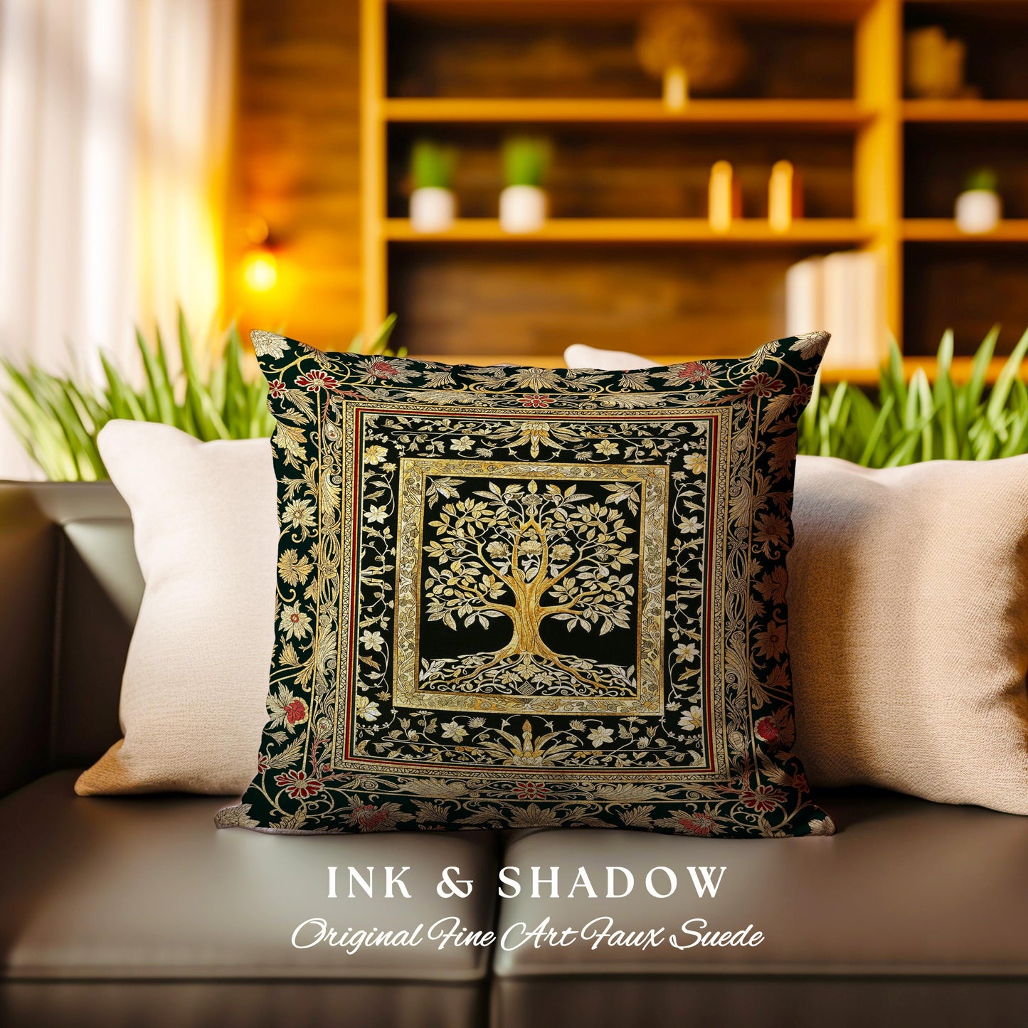 Regal Golden Tree of Life Tapestry Pillow Decorative Throw Cushion