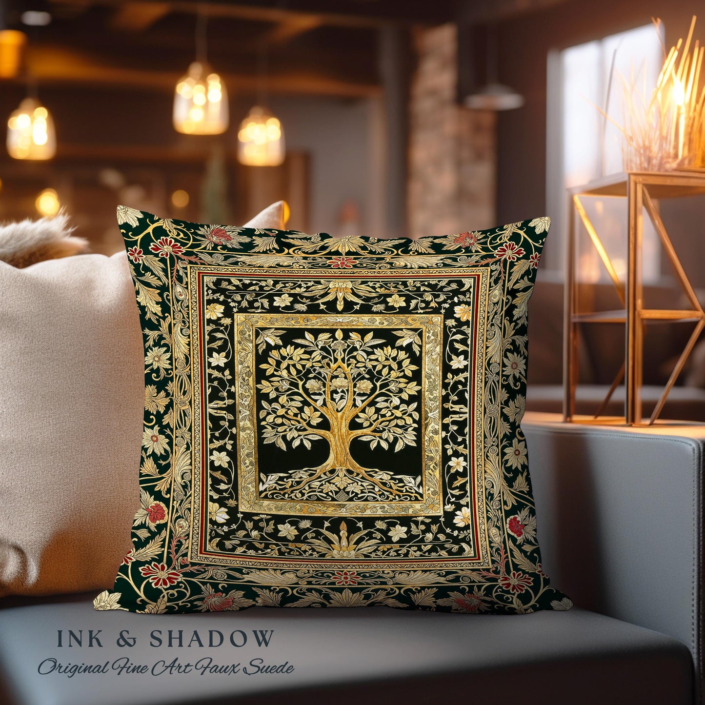 Regal Golden Tree of Life Tapestry Pillow Decorative Throw Cushion