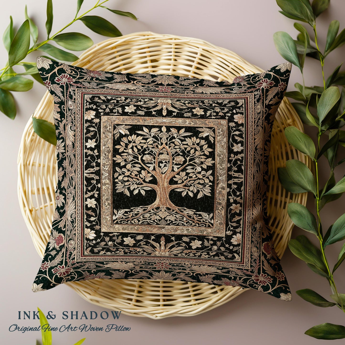 Regal Golden Tree of Life Tapestry Pillow Decorative Throw Cushion