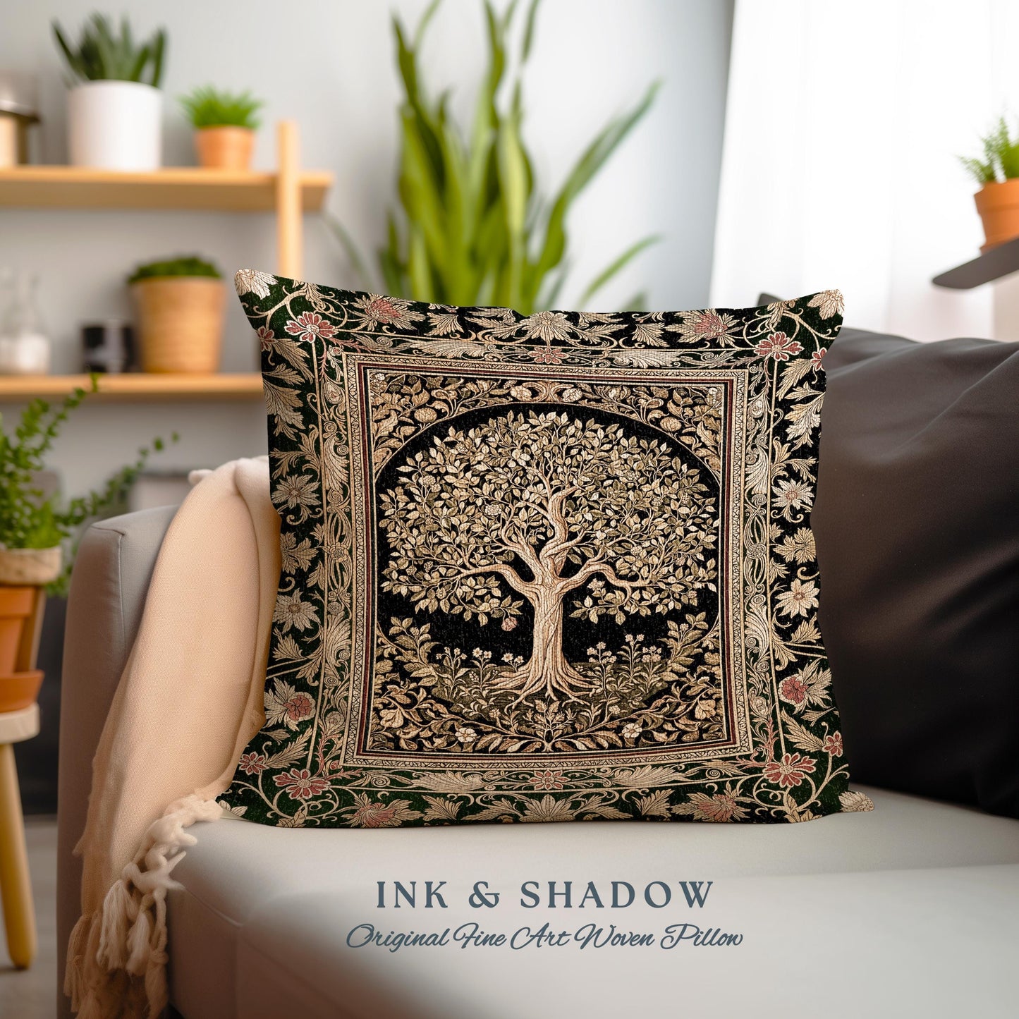 Tree of Life Fairytale Inspired Tapestry Pillow Decorative Throw Cushion