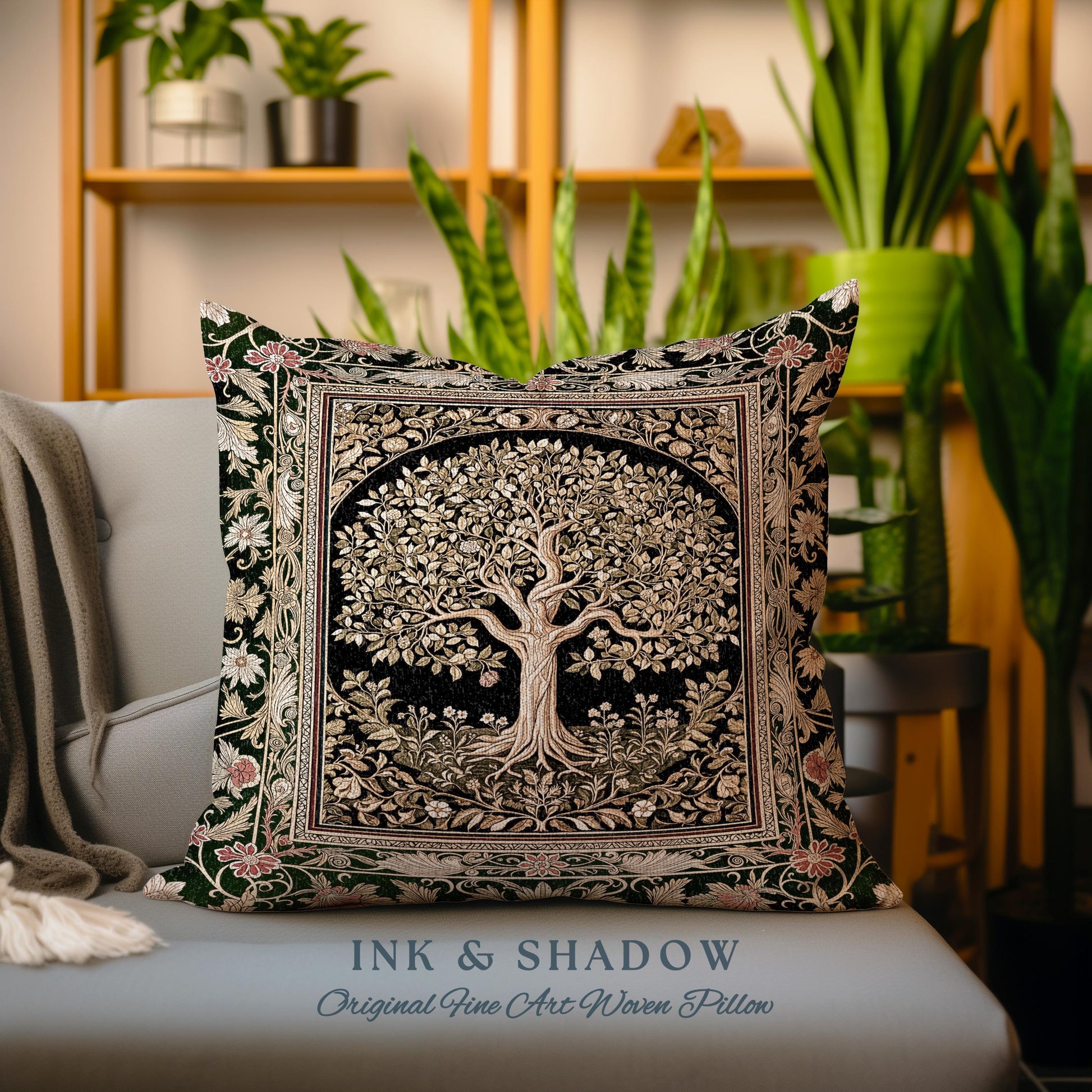 Tree of Life Fairytale Inspired Tapestry Pillow Decorative Throw Cushion