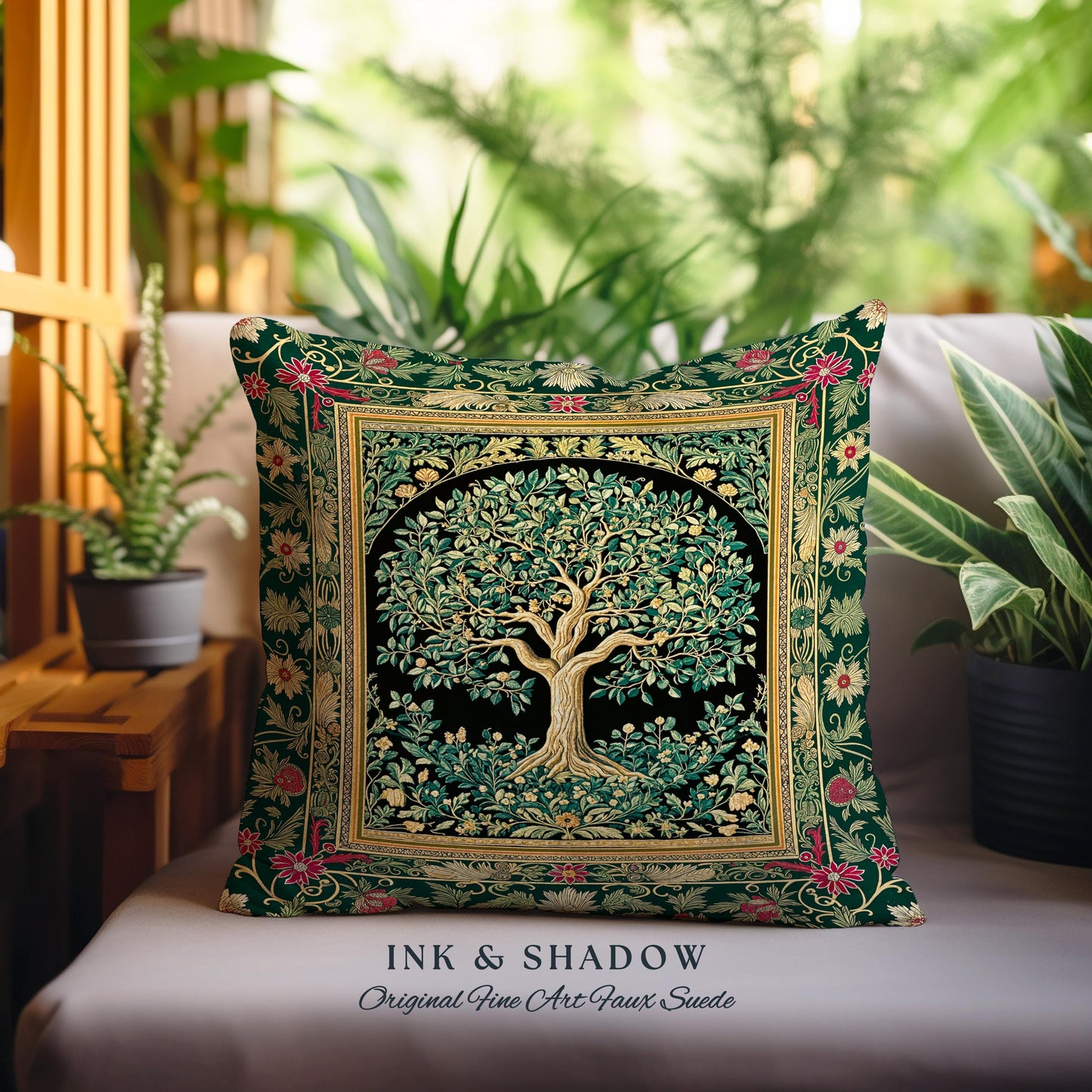Forest Green Heritage Tree Tapestry Pillow Decorative Throw Cushion