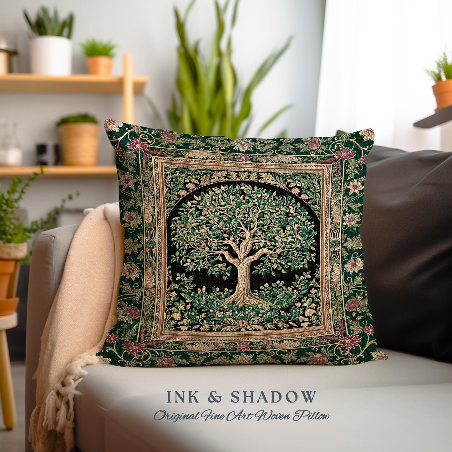 Forest Green Heritage Tree Tapestry Pillow Decorative Throw Cushion