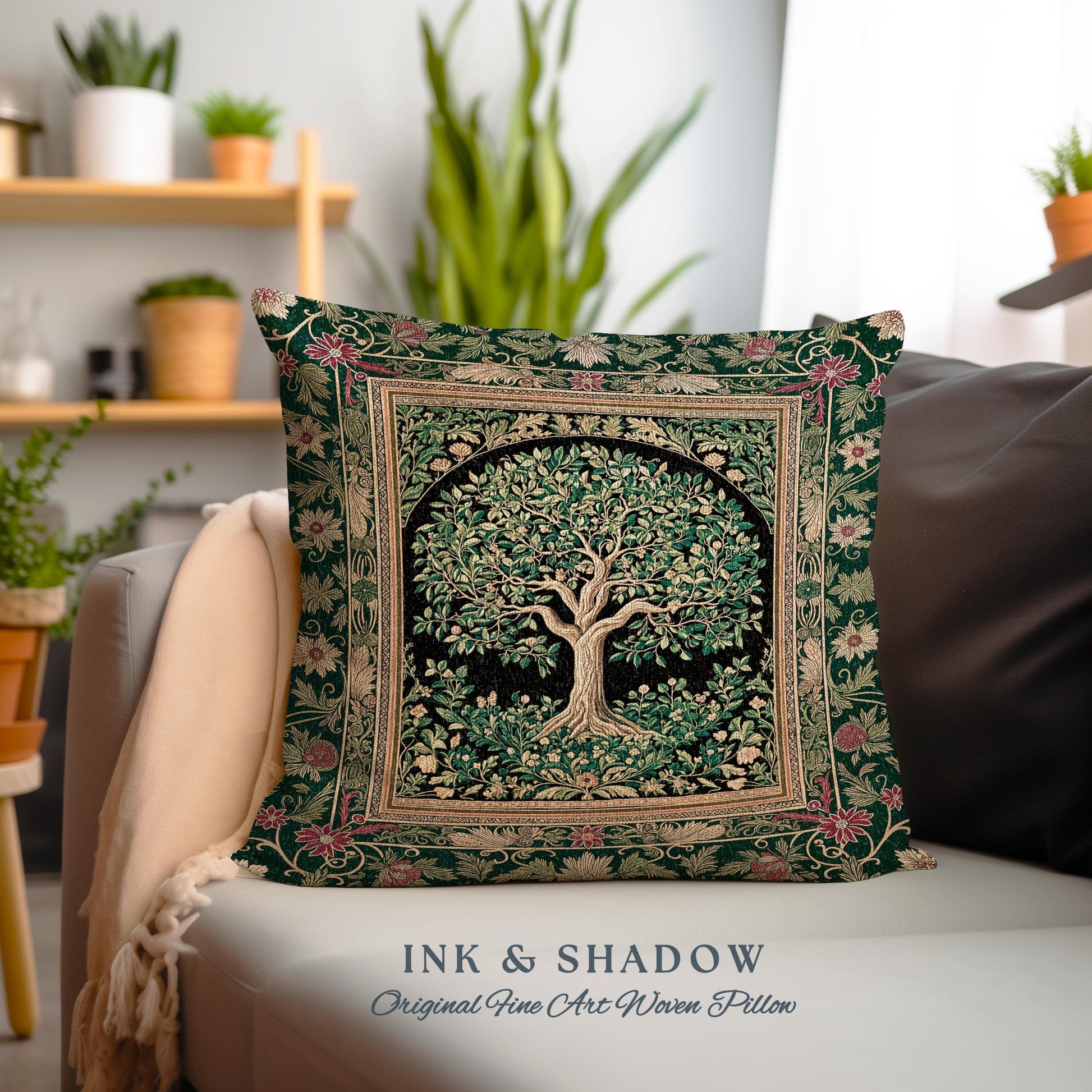 Forest Green Heritage Tree Tapestry Pillow Decorative Throw Cushion