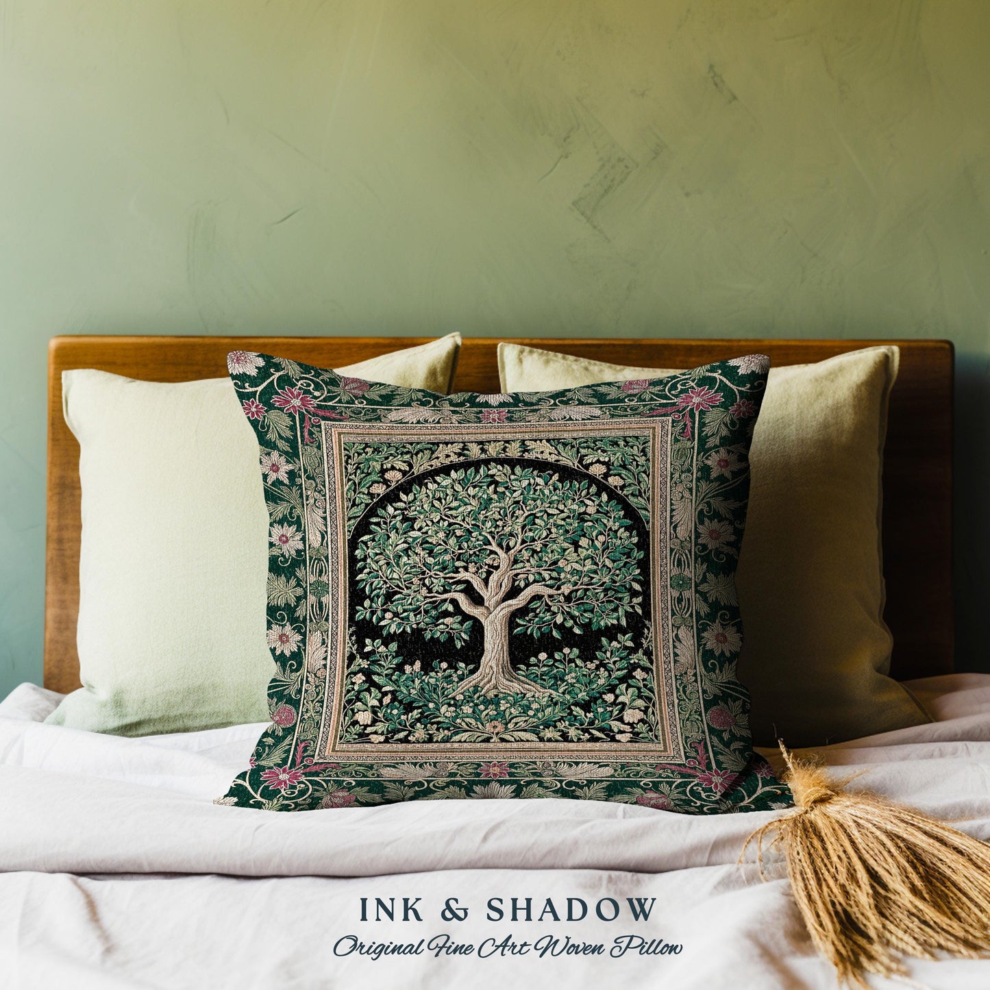 Forest Green Heritage Tree Tapestry Pillow Decorative Throw Cushion