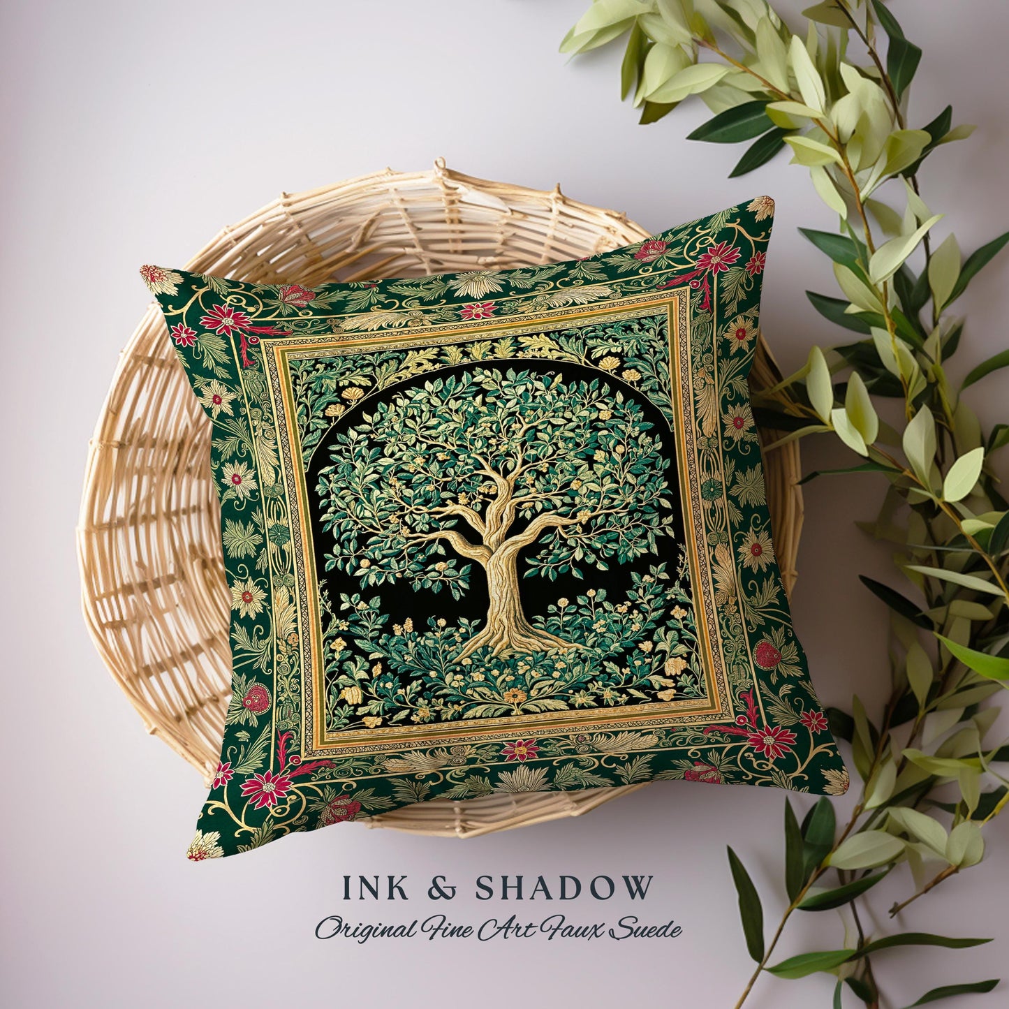 Forest Green Heritage Tree Tapestry Pillow Decorative Throw Cushion