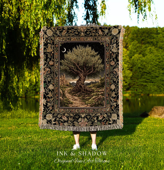 Rustic Castle Olive Tree Whimsical Throw Blanket Woven Cotton Wall Tapestry