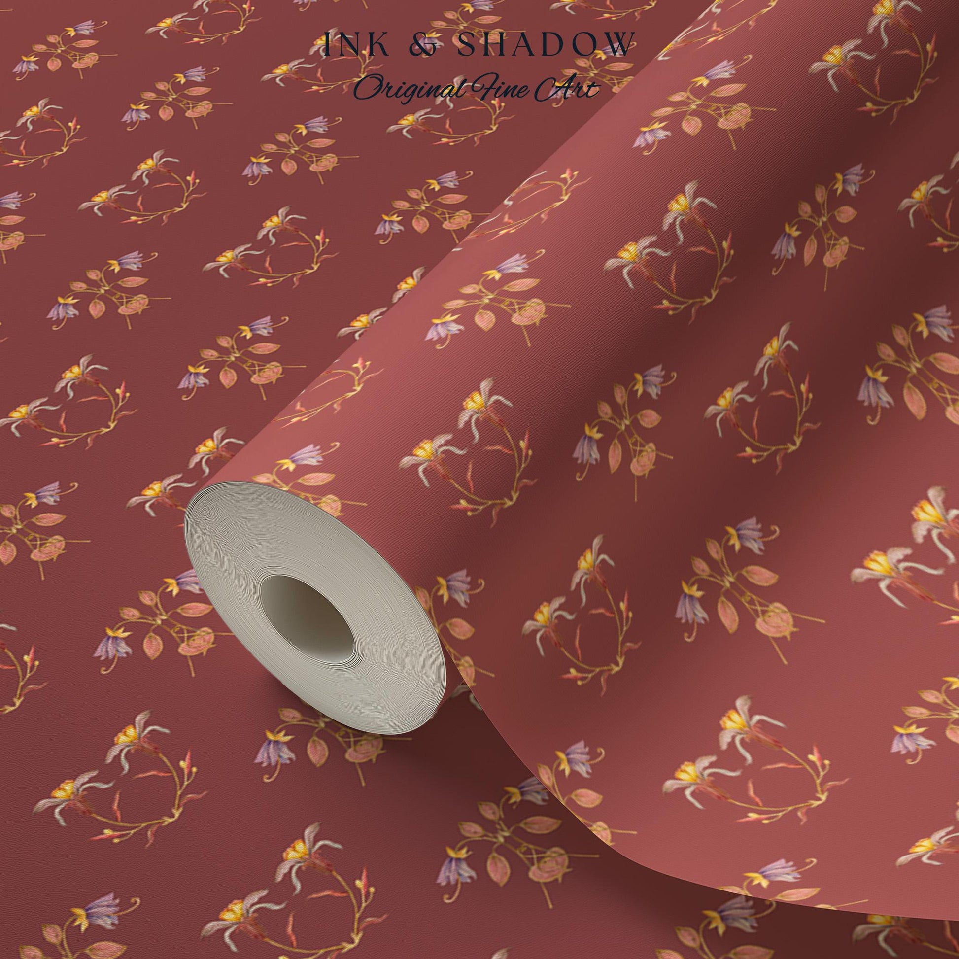 Burgundy Art Nouveau Floral Wallpaper | Geometric Botanical Parlor Wall Art Peel and Stick Nostalgic Design Renter Friendly Old-World Room