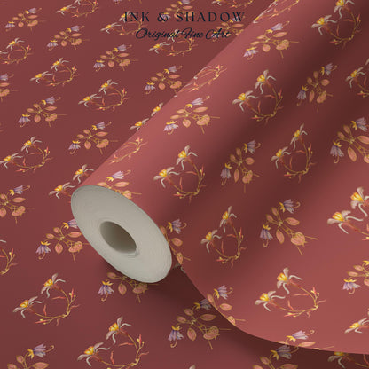 Burgundy Art Nouveau Floral Wallpaper | Geometric Botanical Parlor Wall Art Peel and Stick Nostalgic Design Renter Friendly Old-World Room